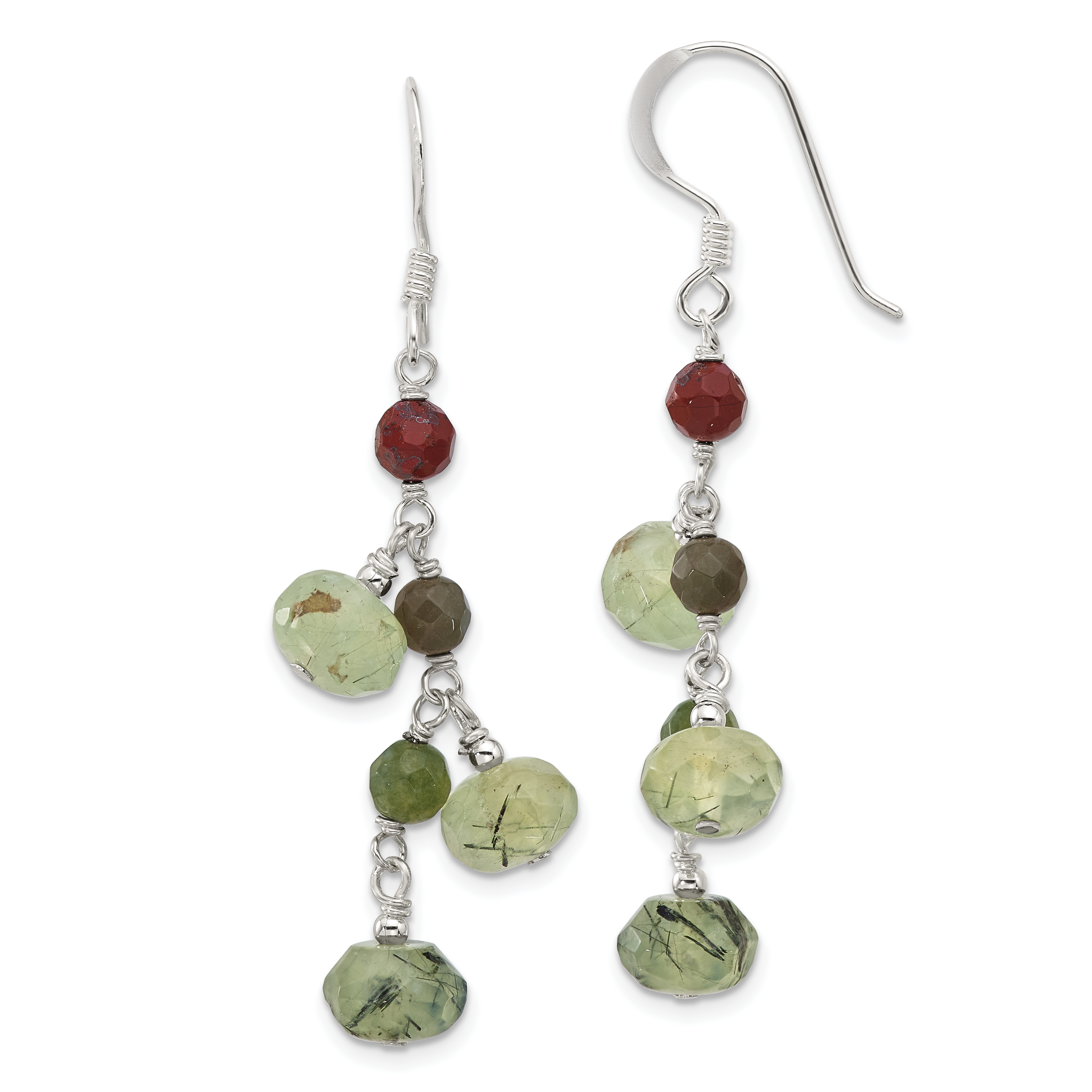 Sterling Silver Polished Faceted Jasper and Prehnite Beads Dangle Earrings (QE17322)