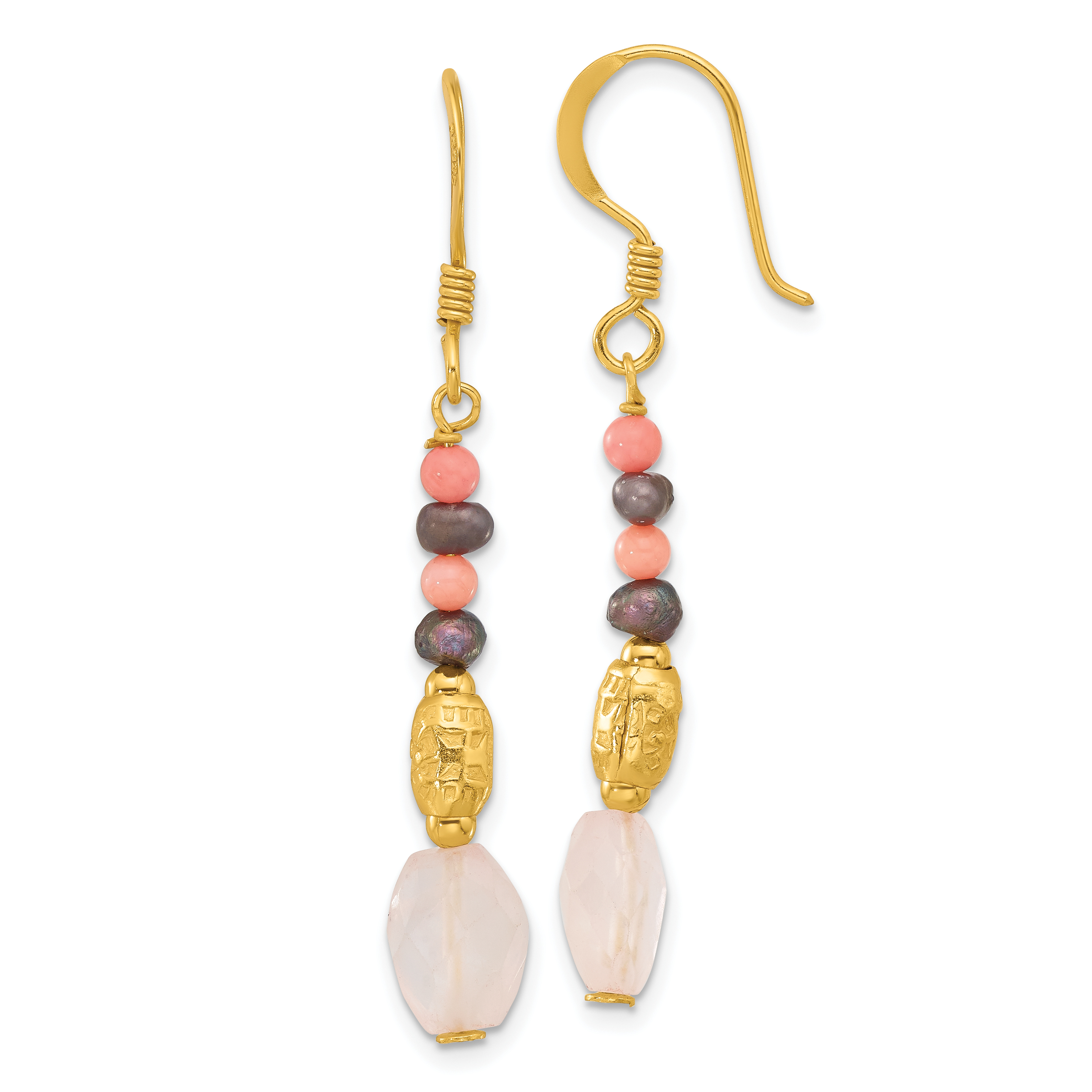 Sterling Silver Gold-plated Black FWC Pearl/Coral/Quartz Dangle Earrings (QE17323)