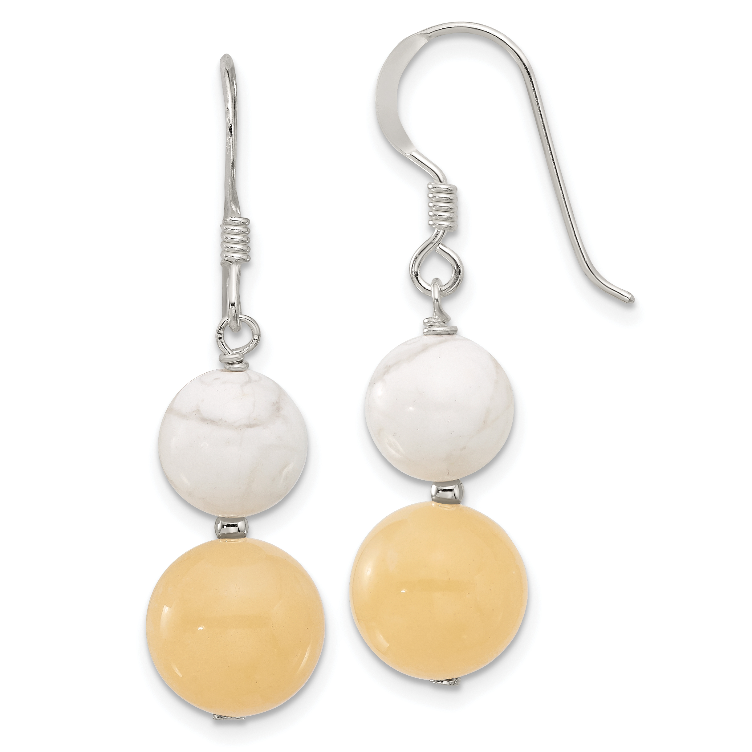 Sterling Silver Polished White Howlite and Yellow Jade Dangle Earrings (QE17330)