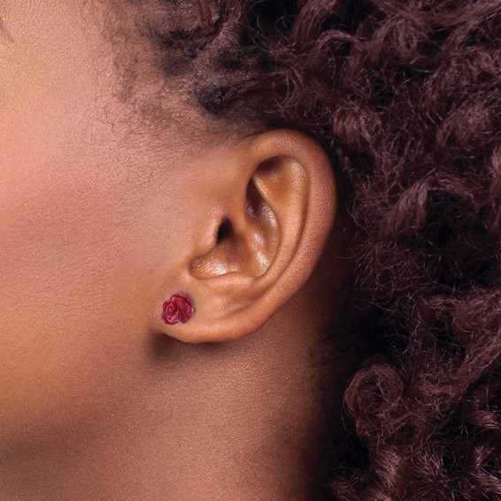 Sterling Silver Polished Red Coral Rose Post Earrings