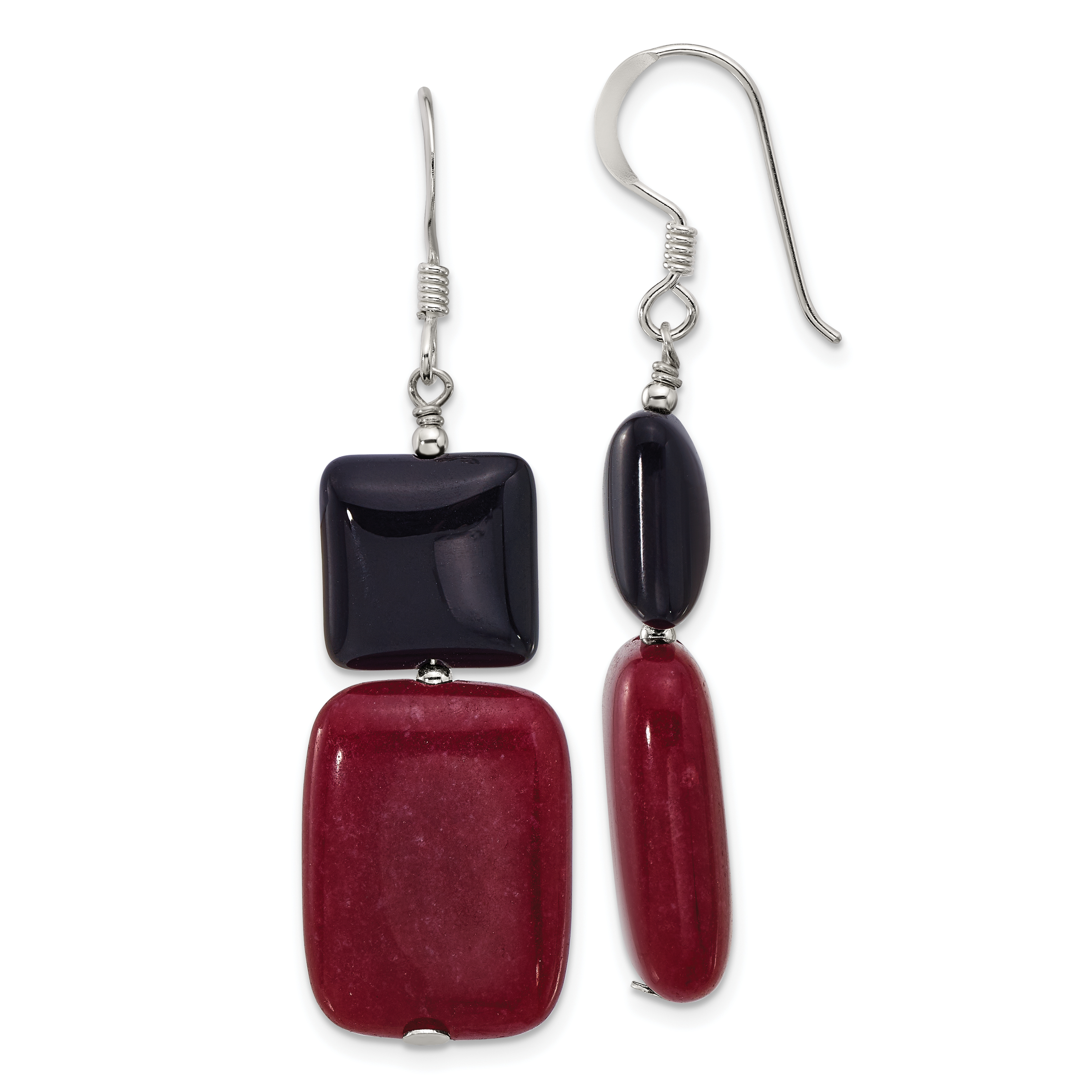 Sterling Silver Polished Black Agate and Red Jade Dangle Earrings (QE17334)