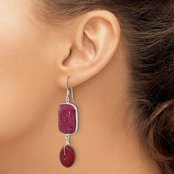 Sterling Silver Polished Carnelian and Red Jade Dangle Earrings