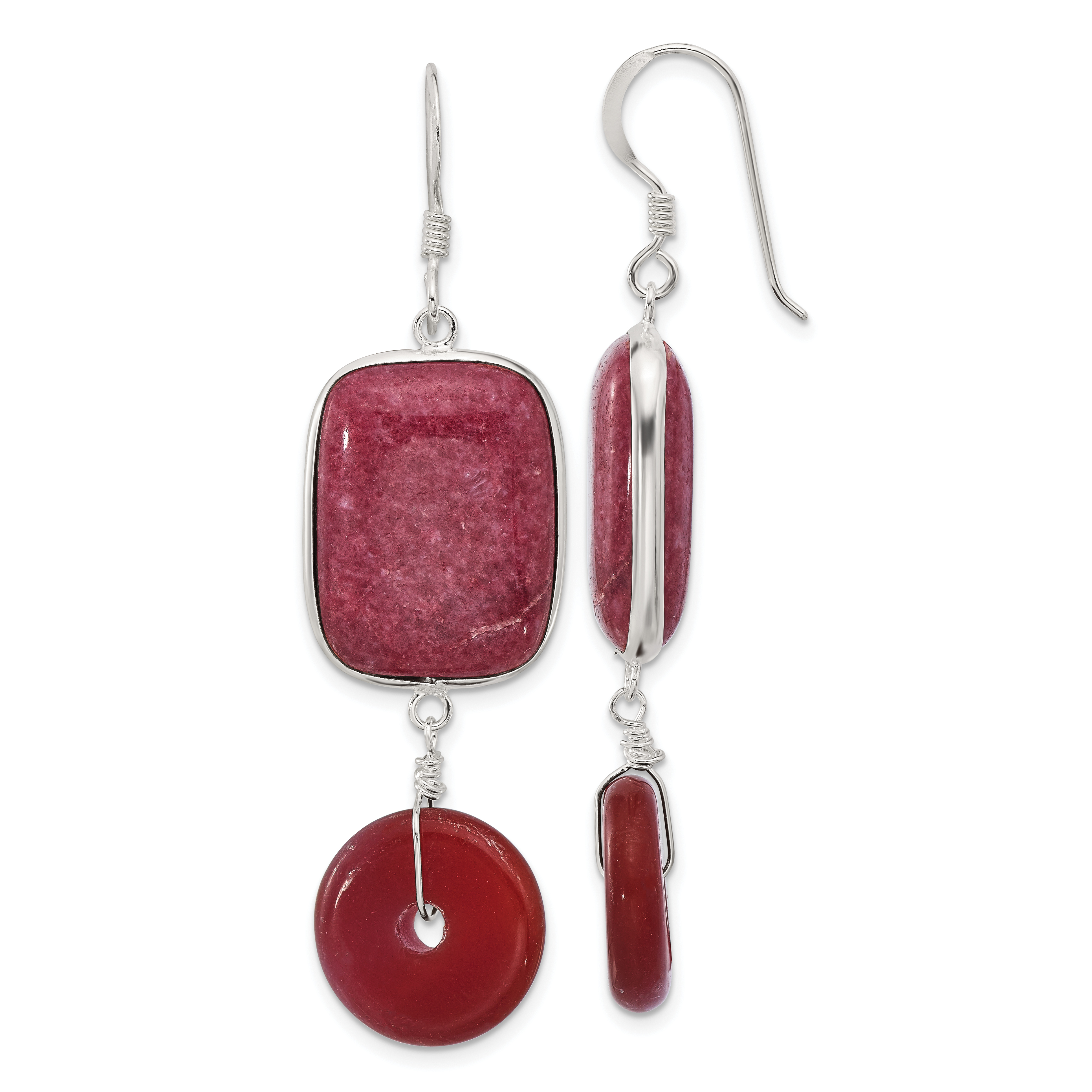 Sterling Silver Polished Carnelian and Red Jade Dangle Earrings (QE17335)