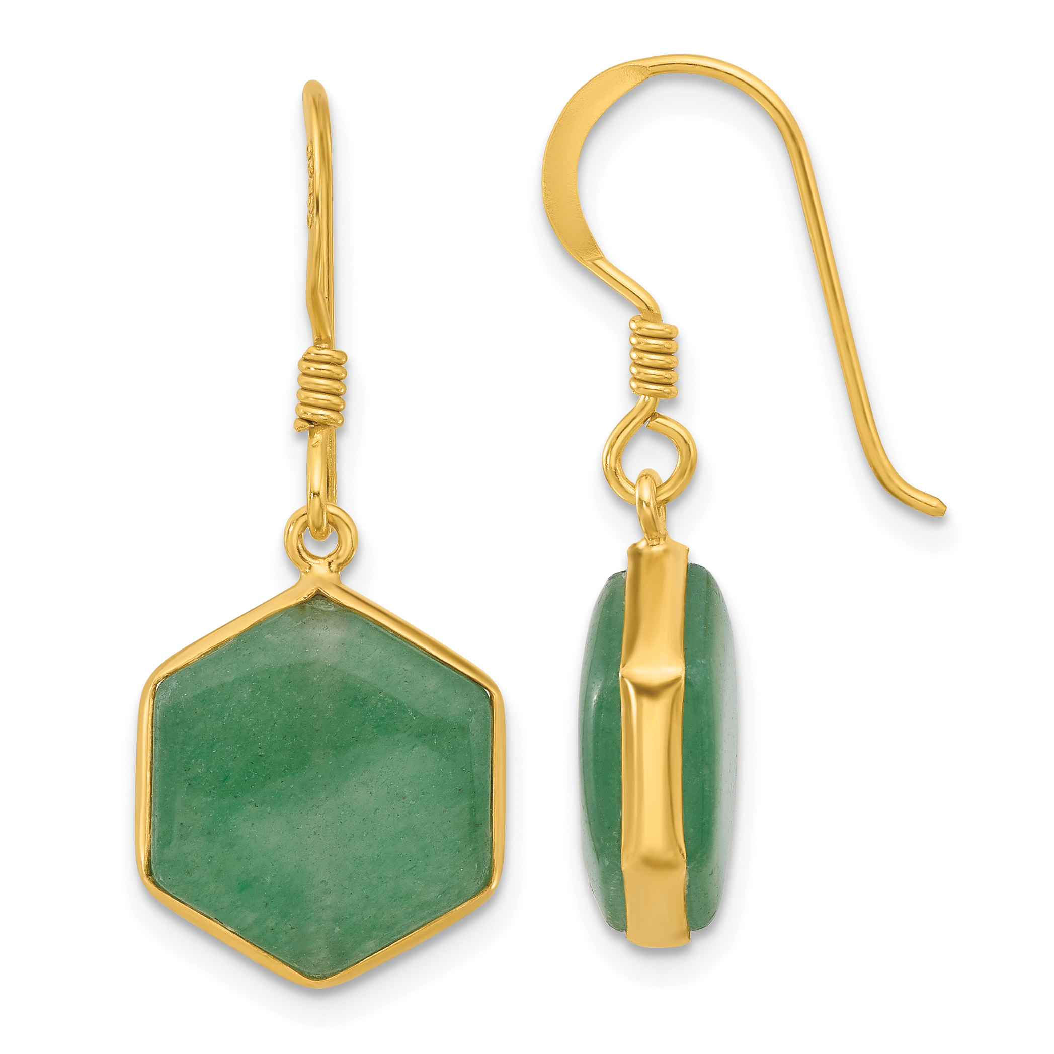Sterling Silver Gold-plated Polished Hexagon Aventurine Dangle Earrings (QE17348)