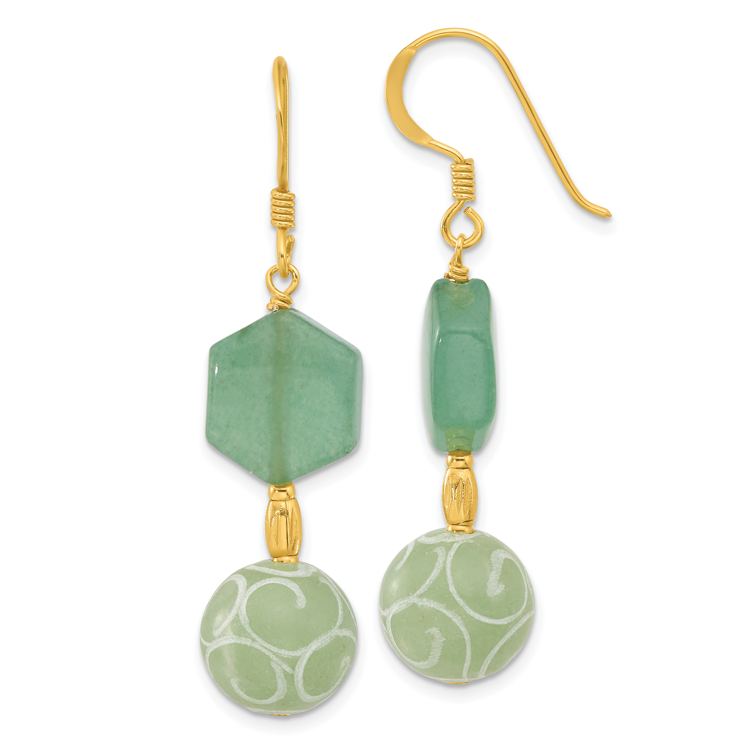 Sterling Silver Gold-pltd Hexagon Aventurine & Swirl Jade Dangle Earrings (QE17350)