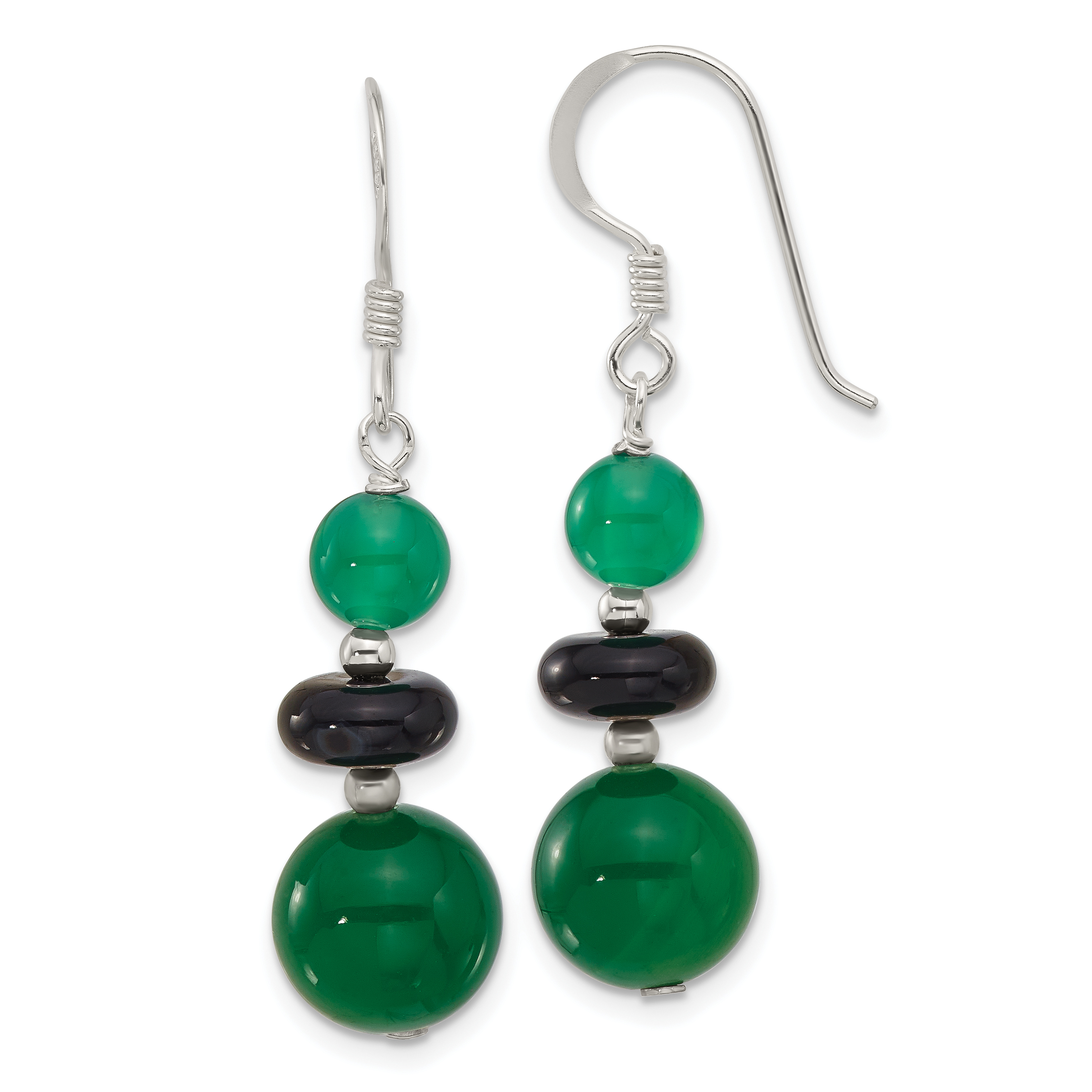 Sterling Silver Polished Black Agate & Green Quartz Beads Dangle Earrings (QE17352)