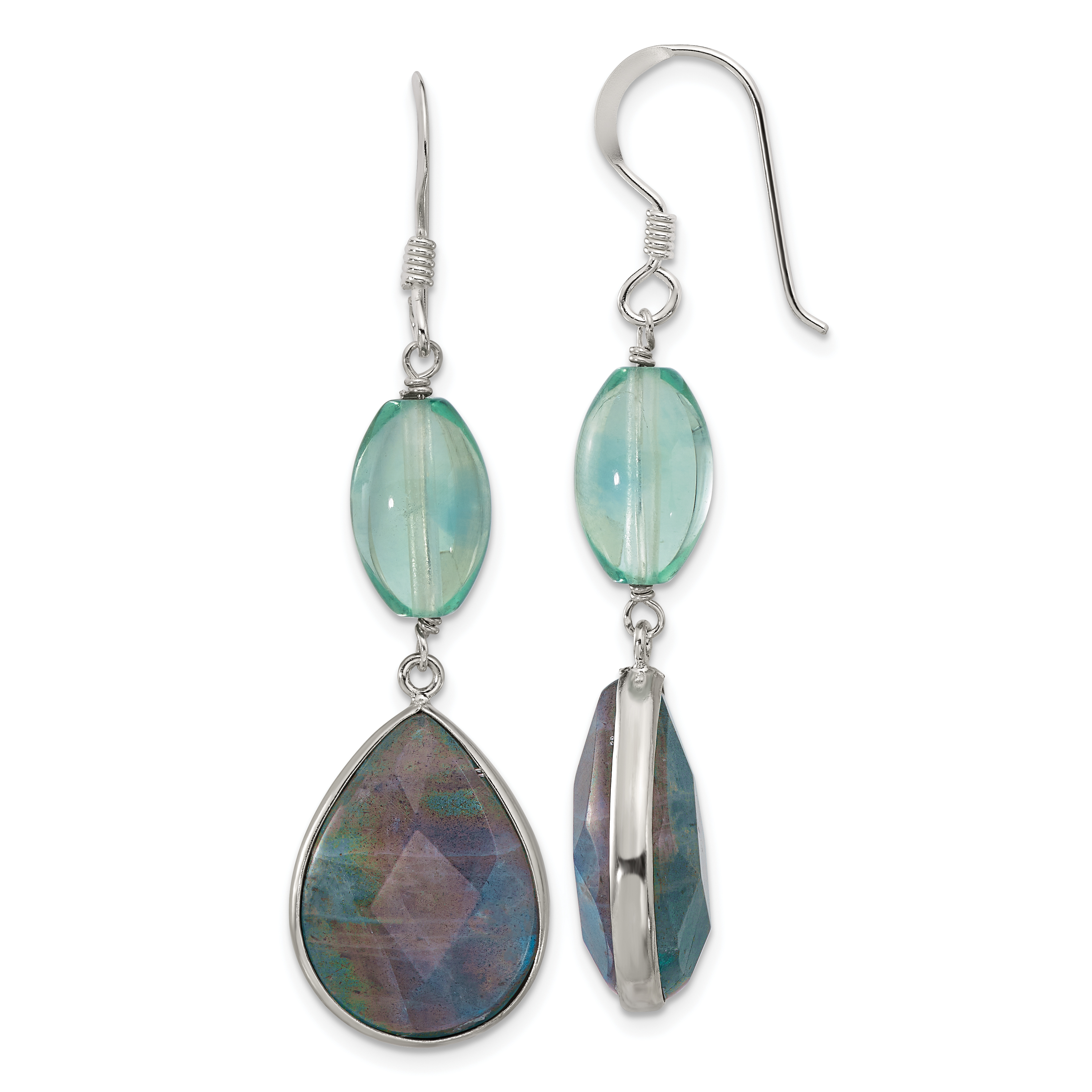 Sterling Silver Polished Fluorite & Labradorite Teardrop Dangle Earrings (QE17360)