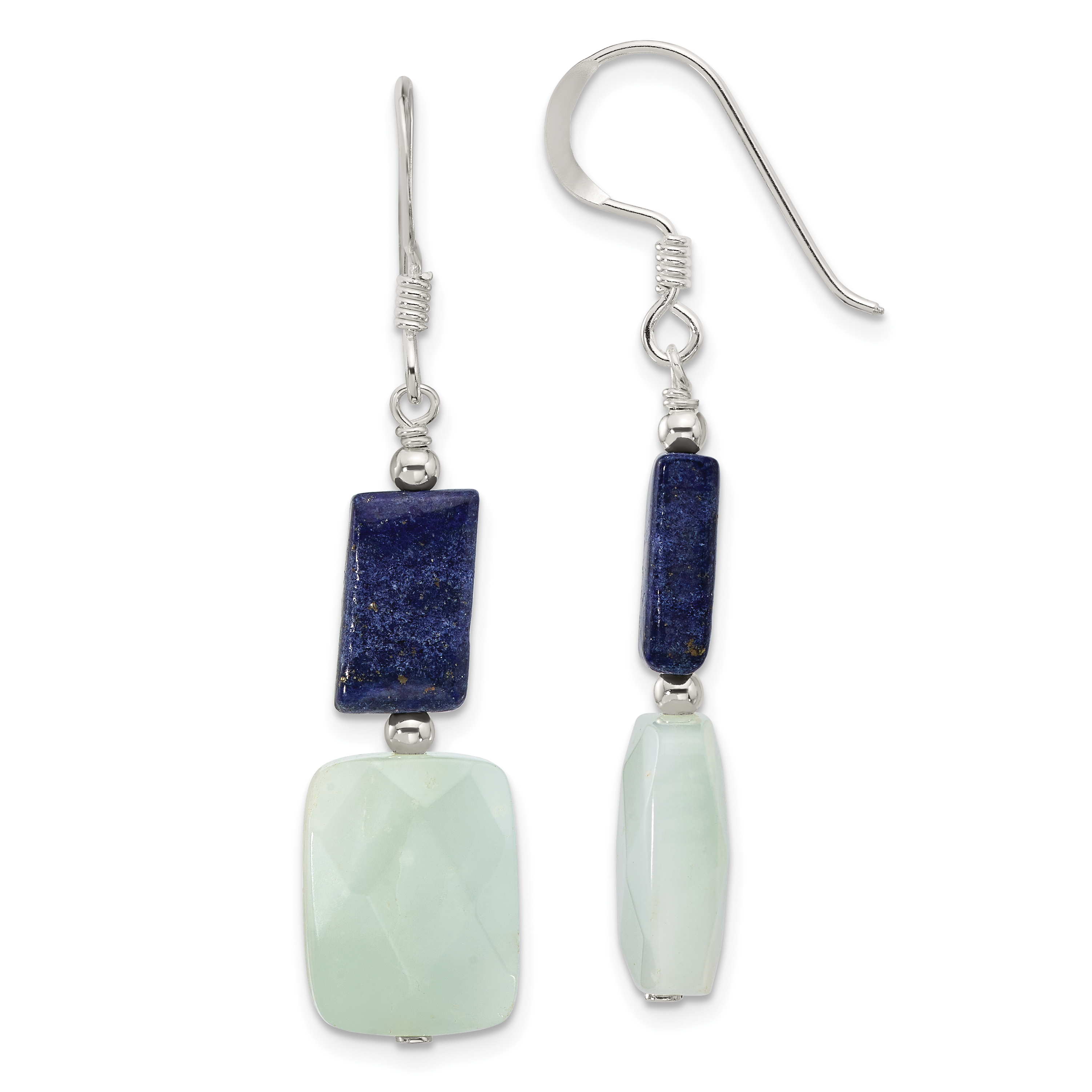 Sterling Silver Polished Rectangular Amazonite & Lapis Dangle Earrings (QE17378)