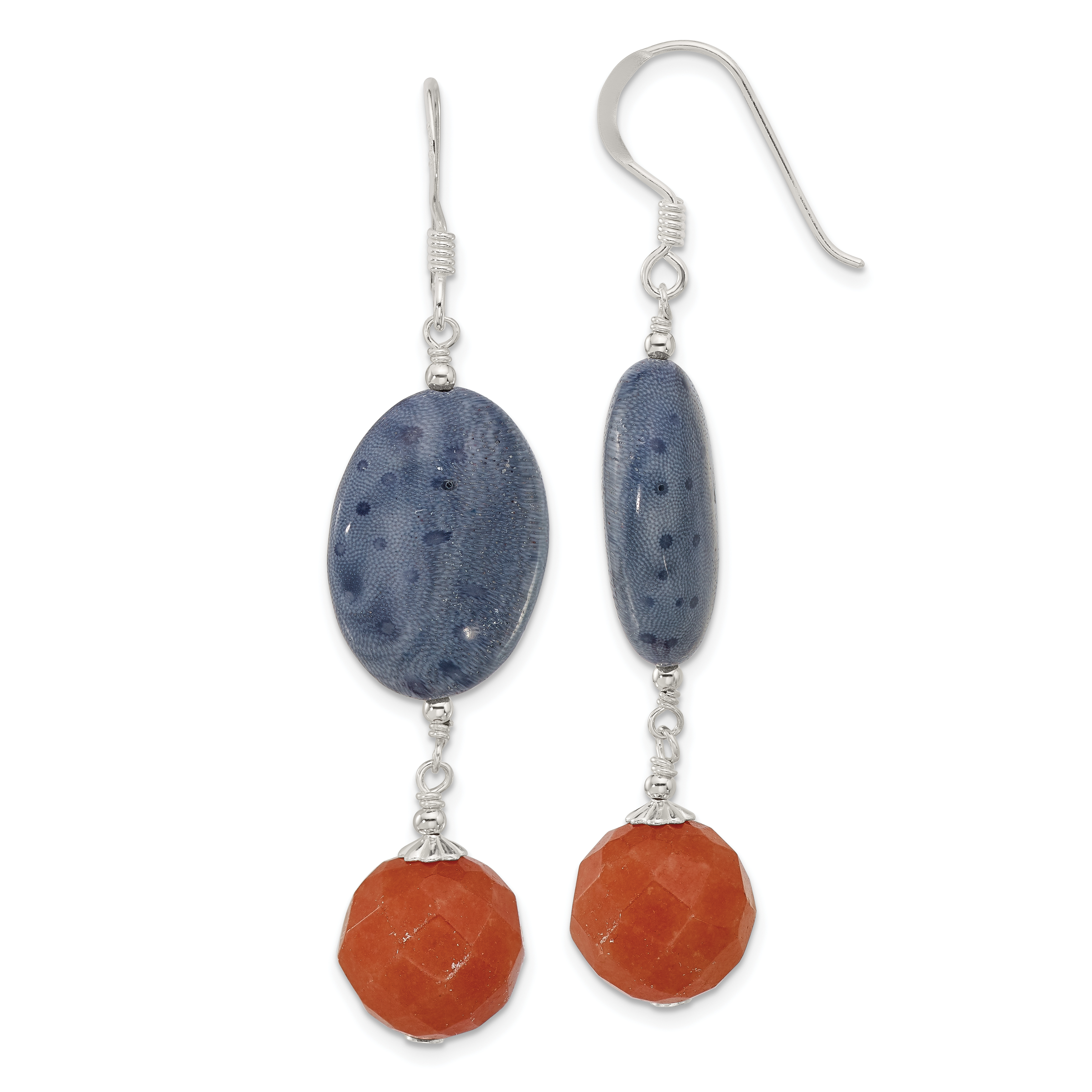 Sterling Silver Polished Red Aventurine & Denim Coral Dangle Earrings (QE17379)