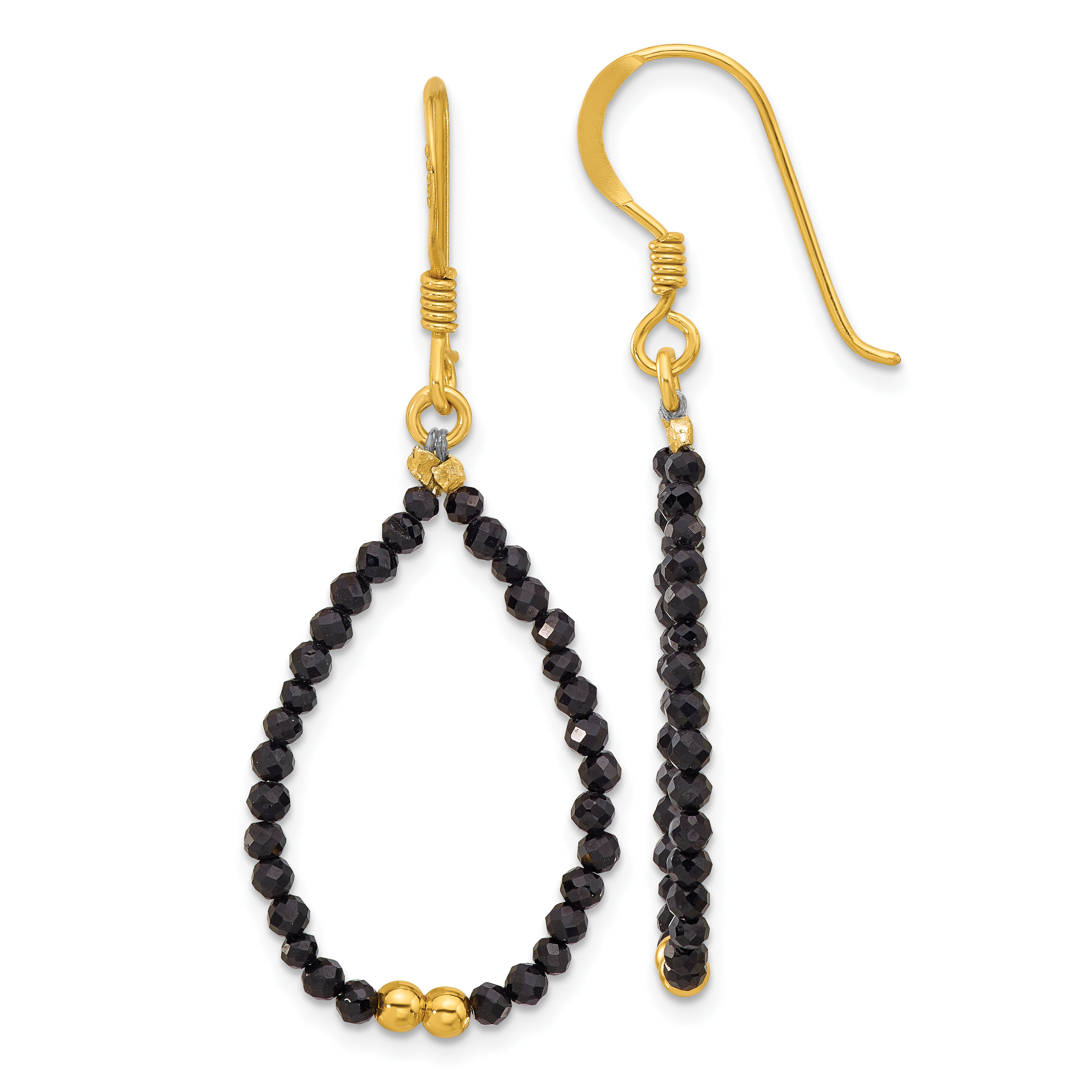 Sterling Silver Gold-plated Polished Black Spinel Teardrop Dangle Earrings (QE17383)