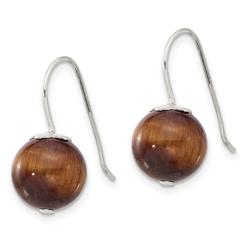 Sterling Silver Polished 10mm Round Tiger's Eye Dangle Earrings (QE17388)