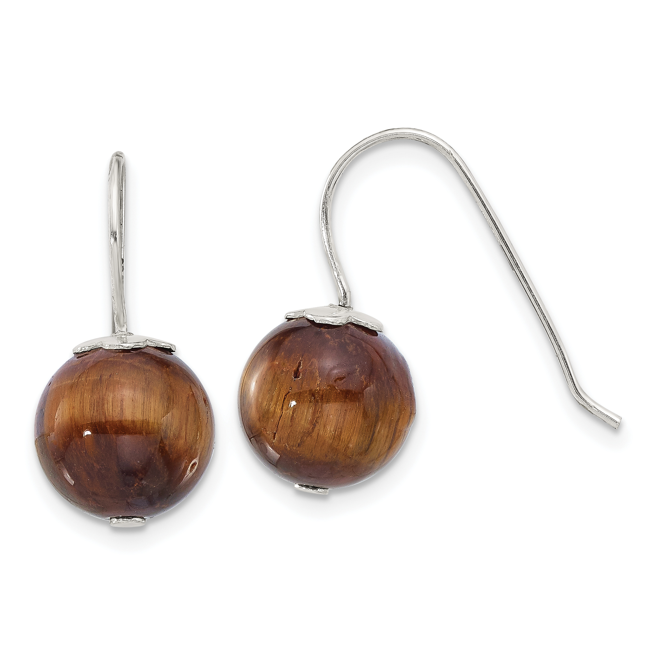 Sterling Silver Polished 10mm Round Tiger's Eye Dangle Earrings (QE17388)