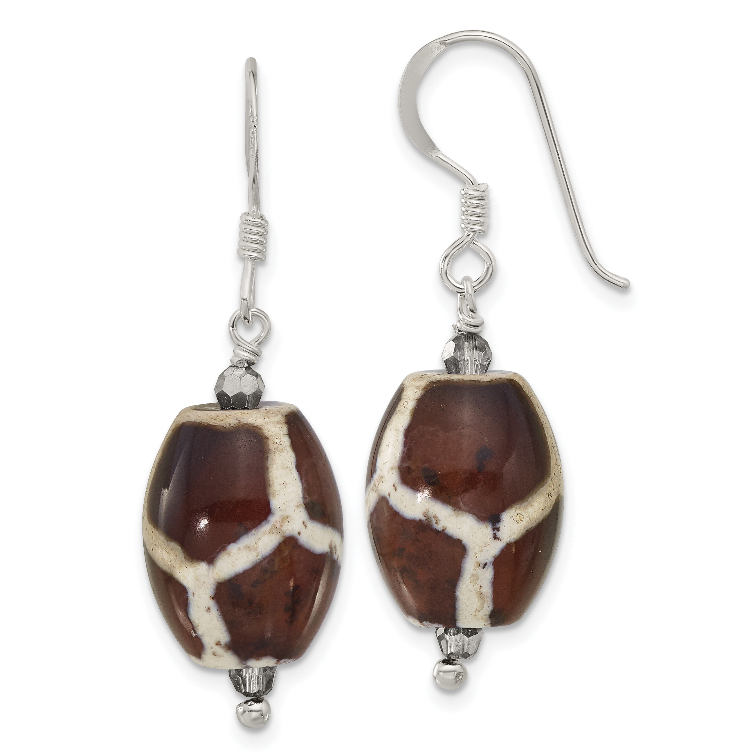Sterling Silver Polished Patterned Black Agate & Crystal Dangle Earrings (QE17389)