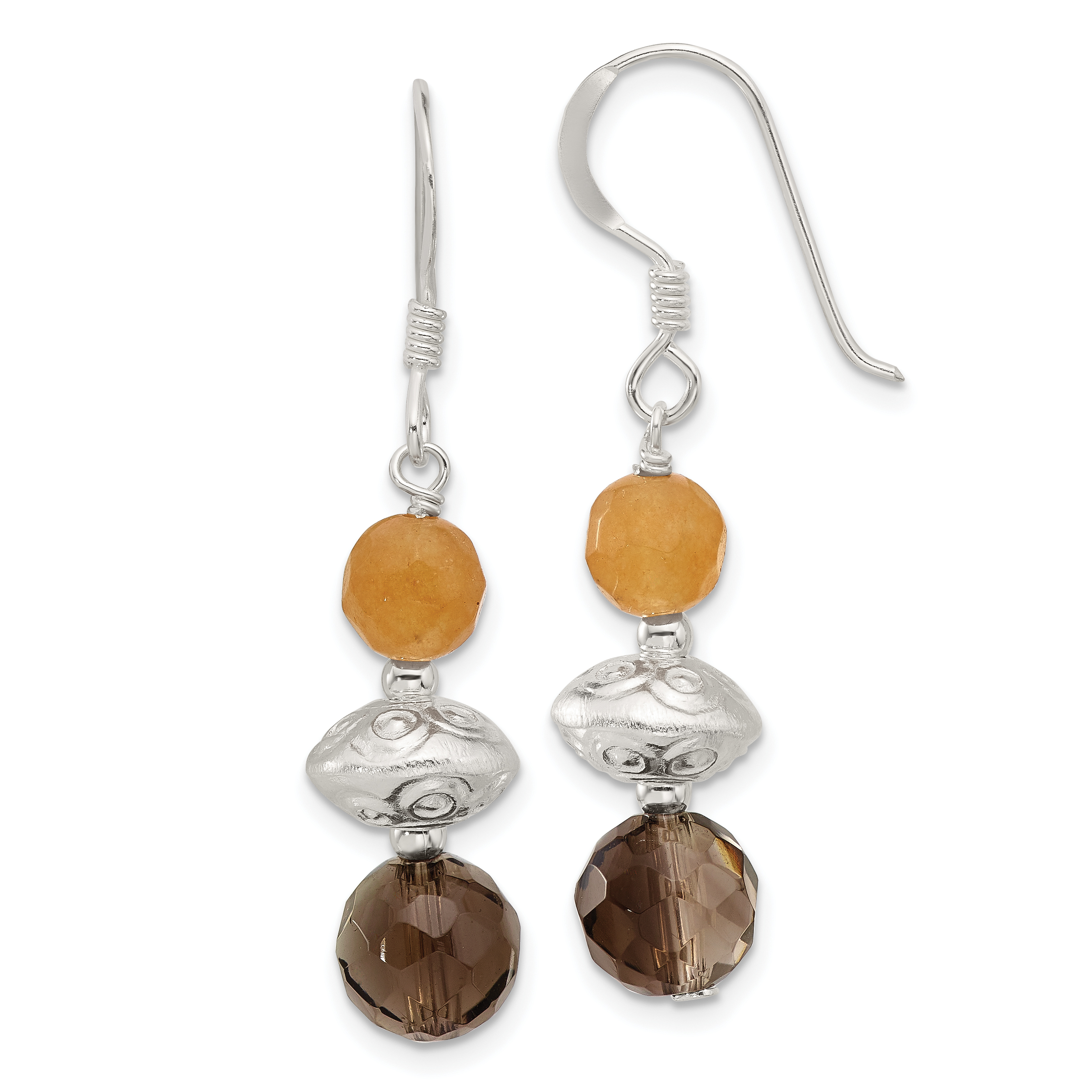 Sterling Silver Textured Red Aventurine/Smoky Quartz Dangle Earrings (QE17390)