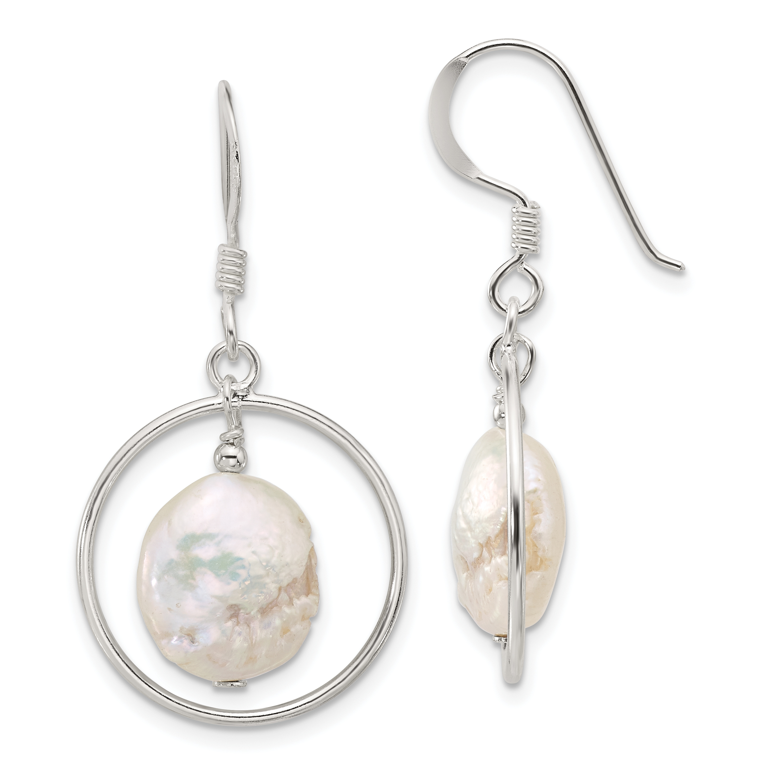 Sterling Silver Polished FWC Coin Pearl Circle Dangle Earrings (QE17395)