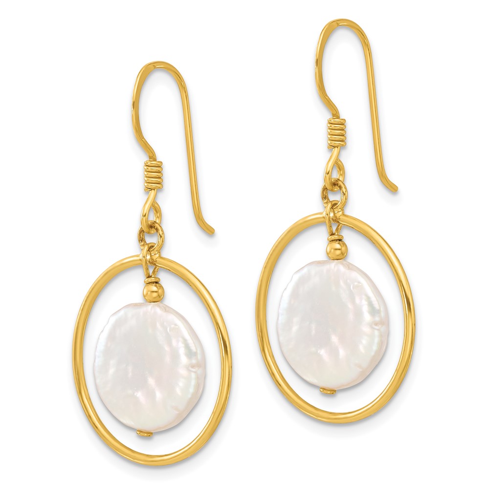 Sterling Silver Gold-plated Polished FWC Coin Pearl Circle Dangle Earrings (QE17395GP)