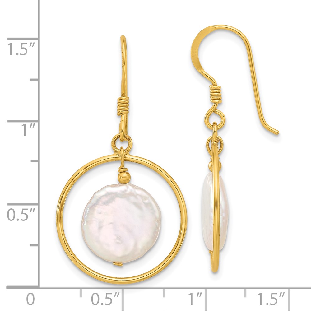 Sterling Silver Gold-plated Polished FWC Coin Pearl Circle Dangle Earrings (QE17395GP)