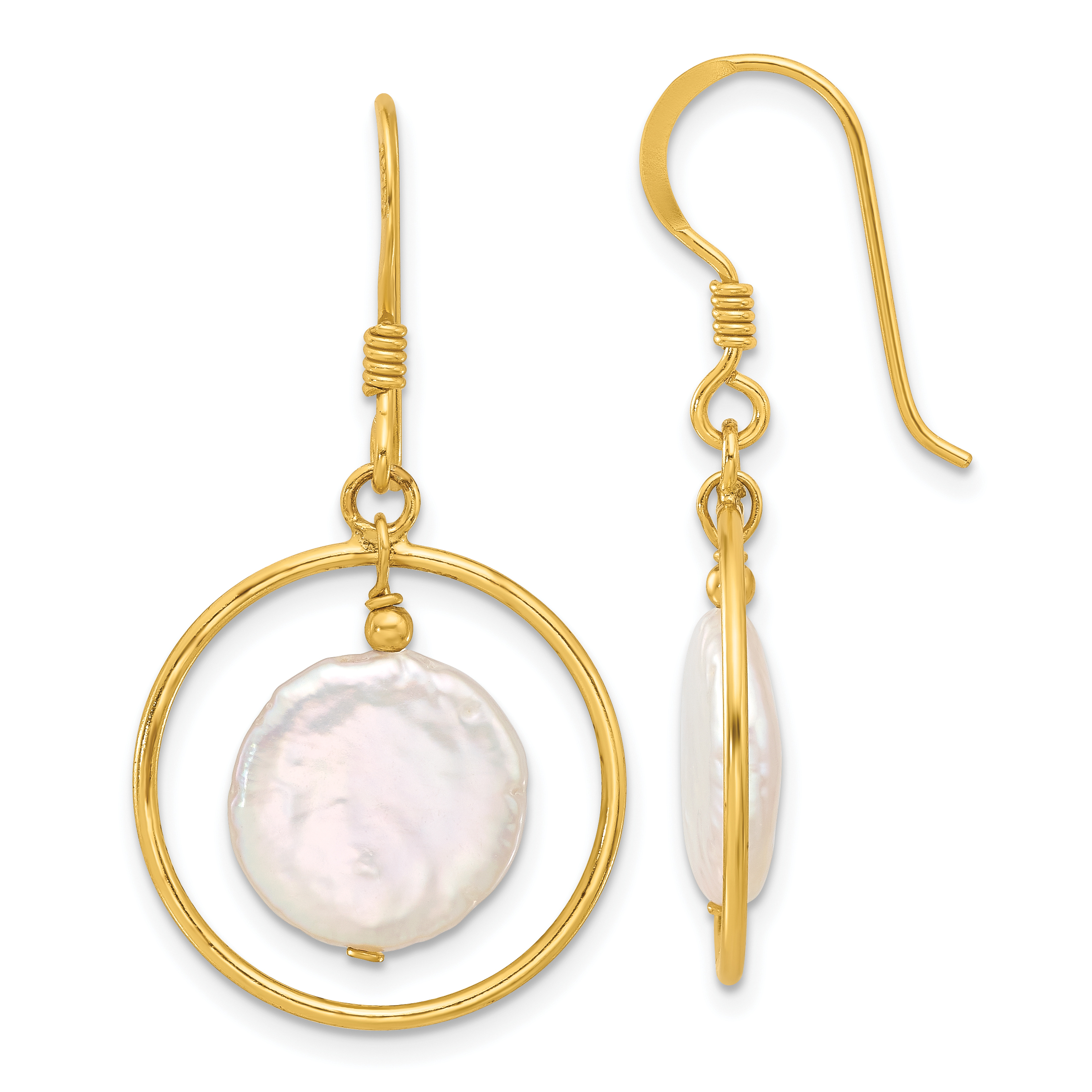 Sterling Silver Gold-plated Polished FWC Coin Pearl Circle Dangle Earrings (QE17395GP)