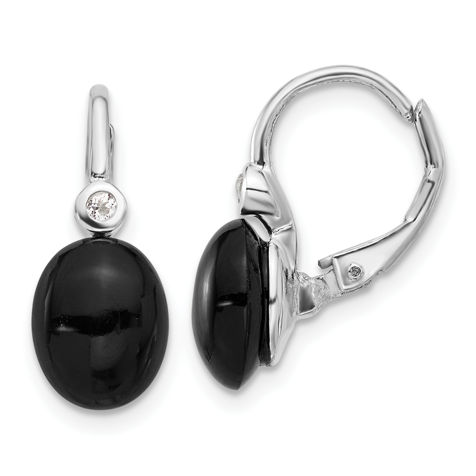 Sterling Silver RH-plated Polished Onyx & White Topaz Leverback Earrings (QE17399)