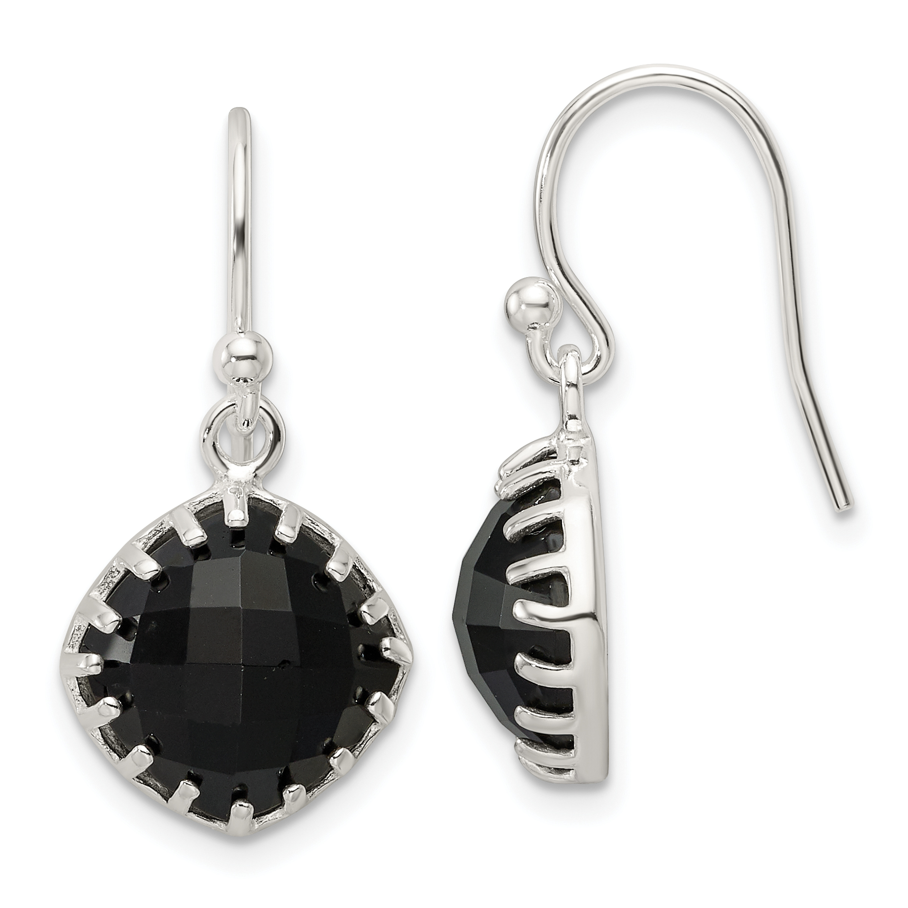 Sterling Silver Polished Checkerboard Onyx Cushion Dangle Earrings (QE17401)