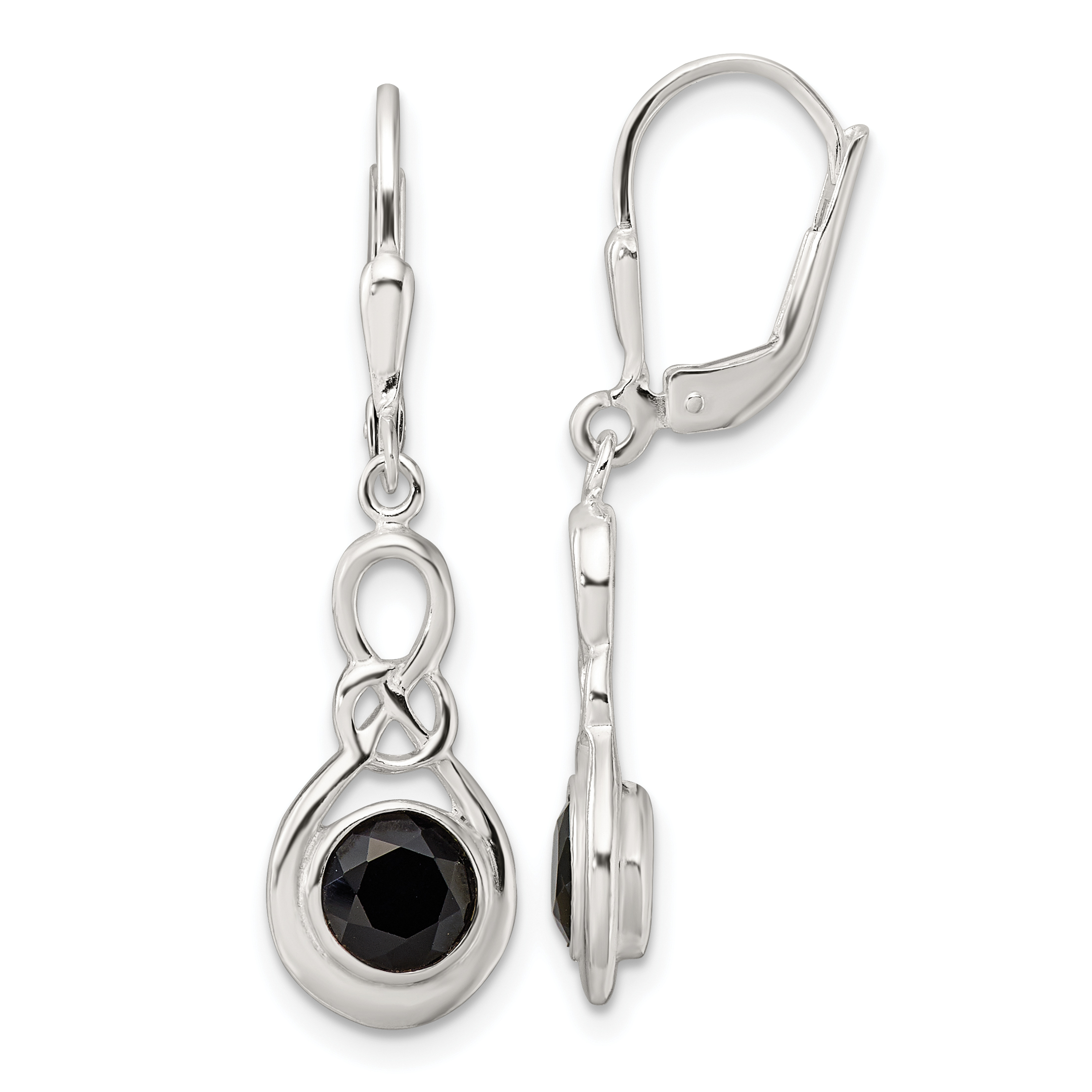 Sterling Silver Polished Onyx Knot Leverback Dangle Earrings (QE17402)