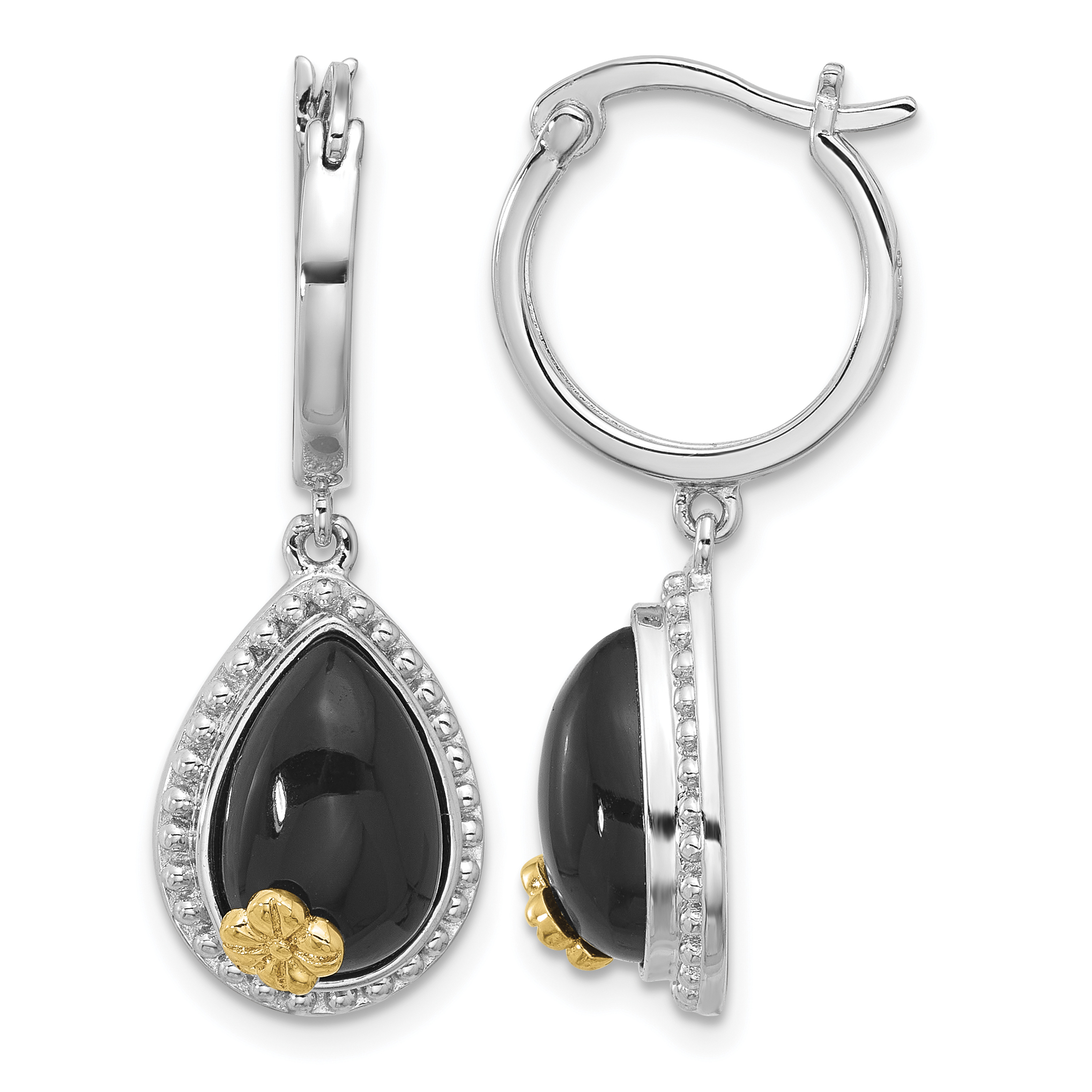 Sterling Silver Rhodium-plated w/ 14k accent Flower & Black Onyx Beaded Teardrop Round Dangle Hoop Earrings (QE17403)