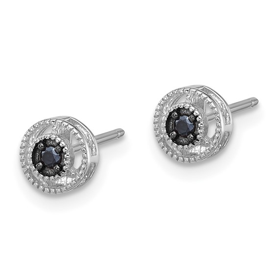 Sterling Silver RH-plated Polished/Beaded Black Spinel Circle Post Earrings