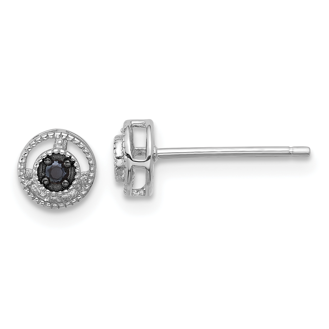 Sterling Silver RH-plated Polished/Beaded Black Spinel Circle Post Earrings (QE17404)