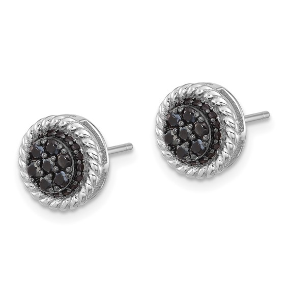 Sterling Silver RH-plated Polished/Twisted Black Spinel Circle Post Earring