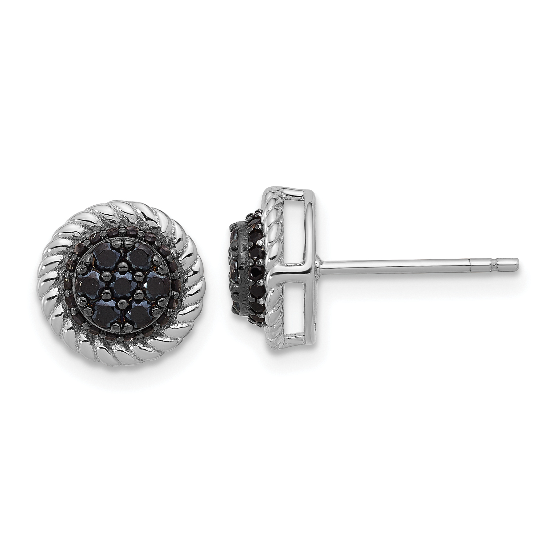 Sterling Silver RH-plated Polished/Twisted Black Spinel Circle Post Earring (QE17406)