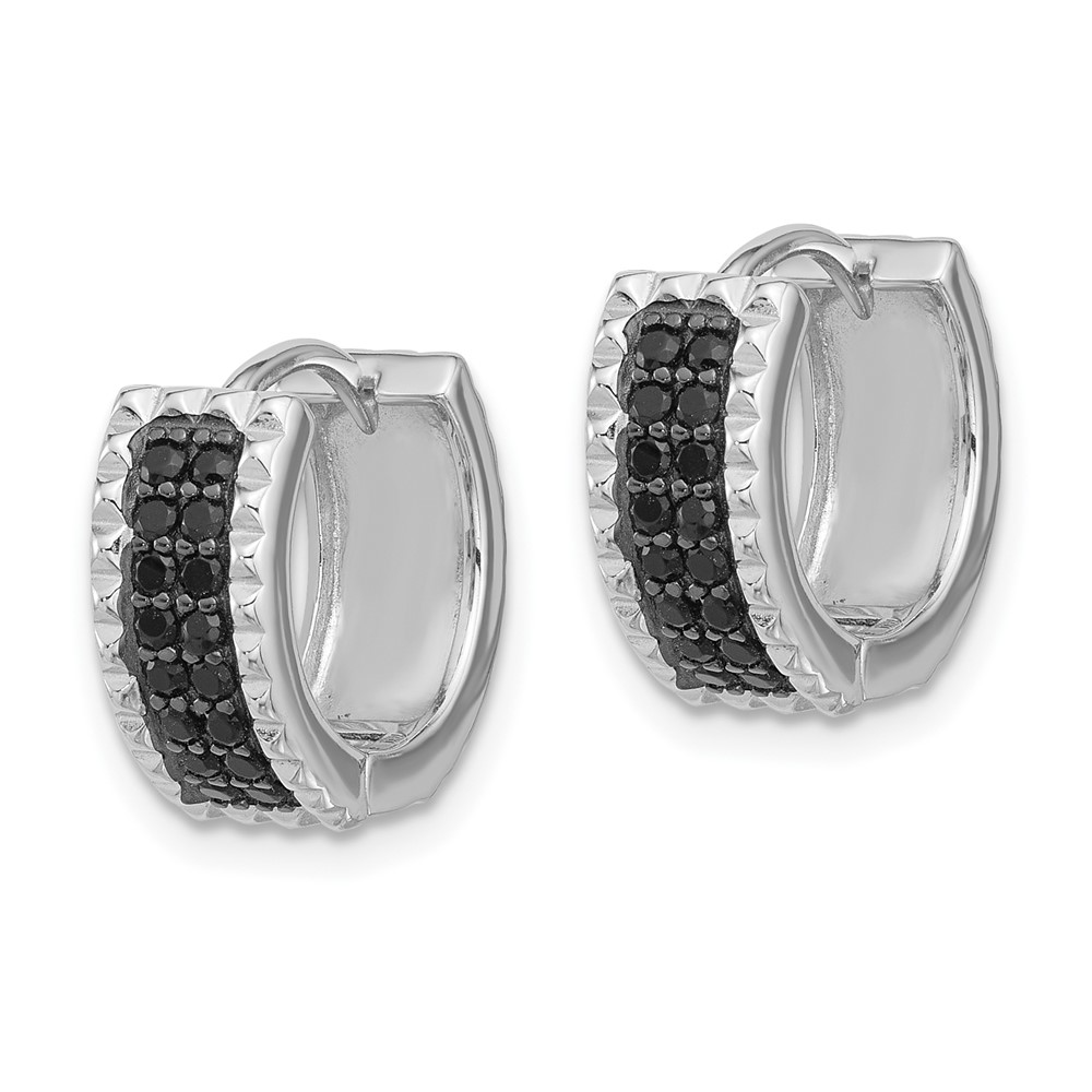 Sterling Silver RH-pltd Polished/Studded Black Spinel Hinged Hoop Earrings (QE17408)