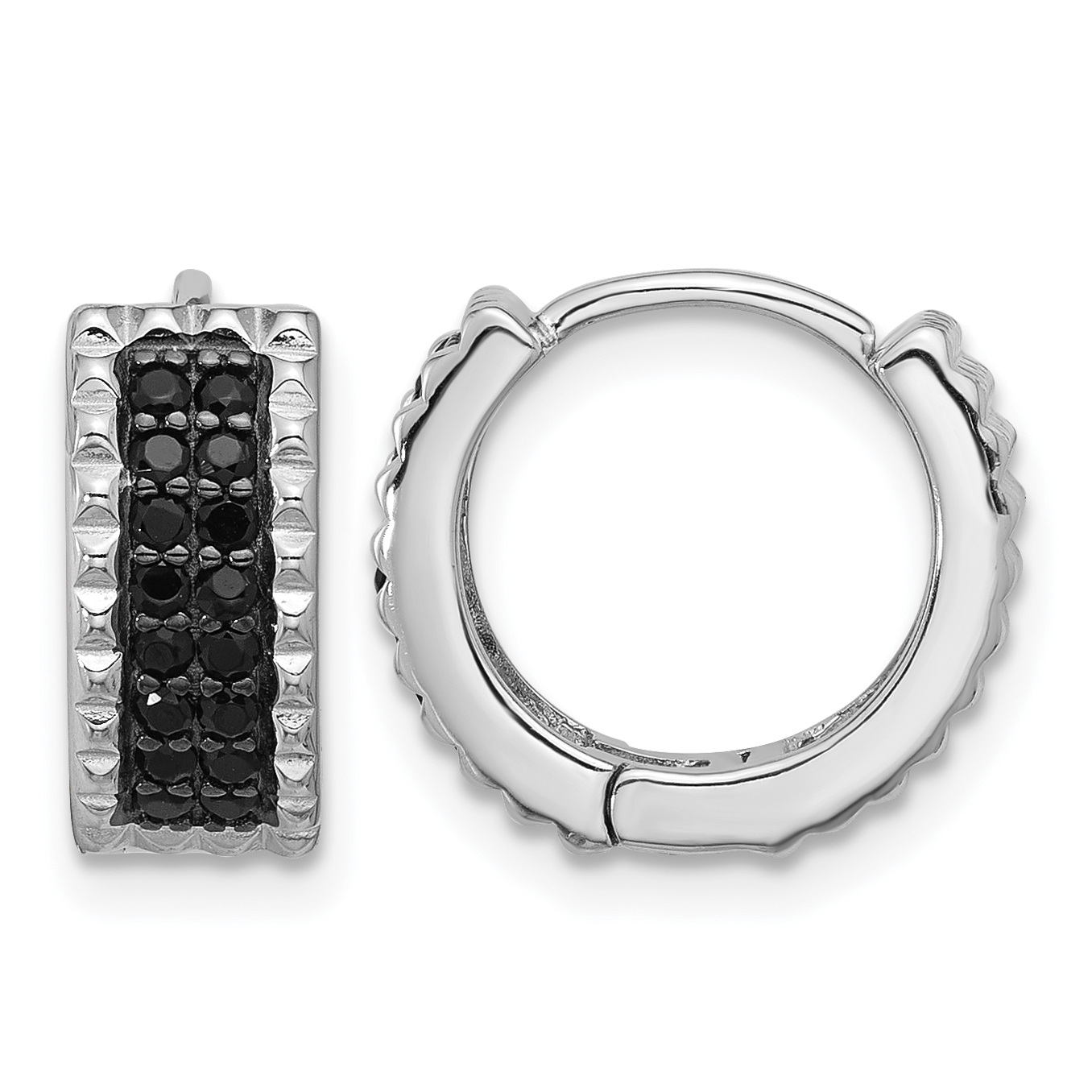Sterling Silver RH-pltd Polished/Studded Black Spinel Hinged Hoop Earrings (QE17408)