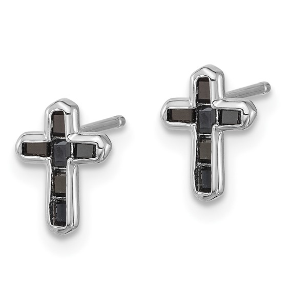 Sterling Silver Rhodium-plated Polished Black Spinel Cross Post Earrings