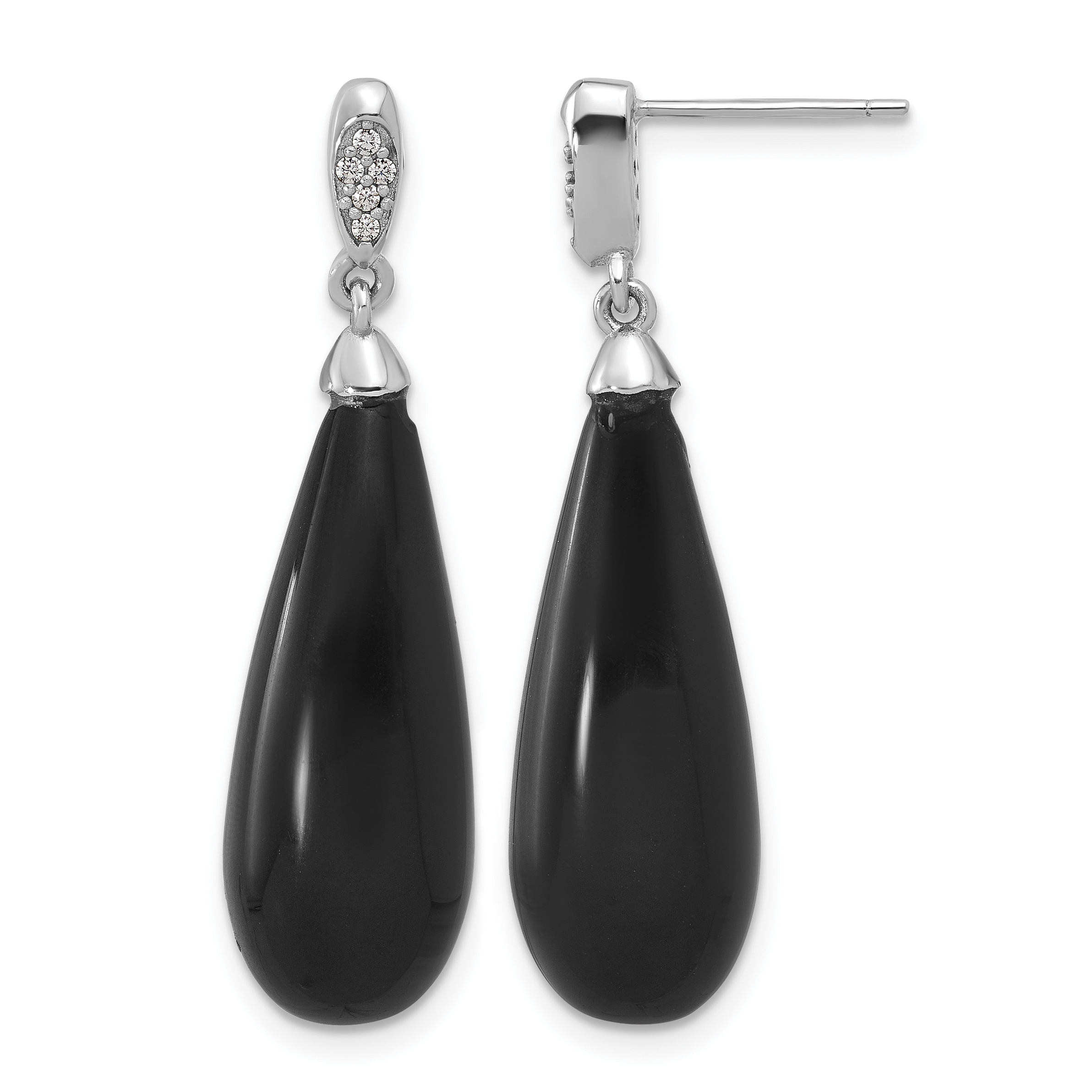 Sterling Silver RH-plated Polished CZ & Onyx Teardrop Post Dangle Earrings (QE17414)