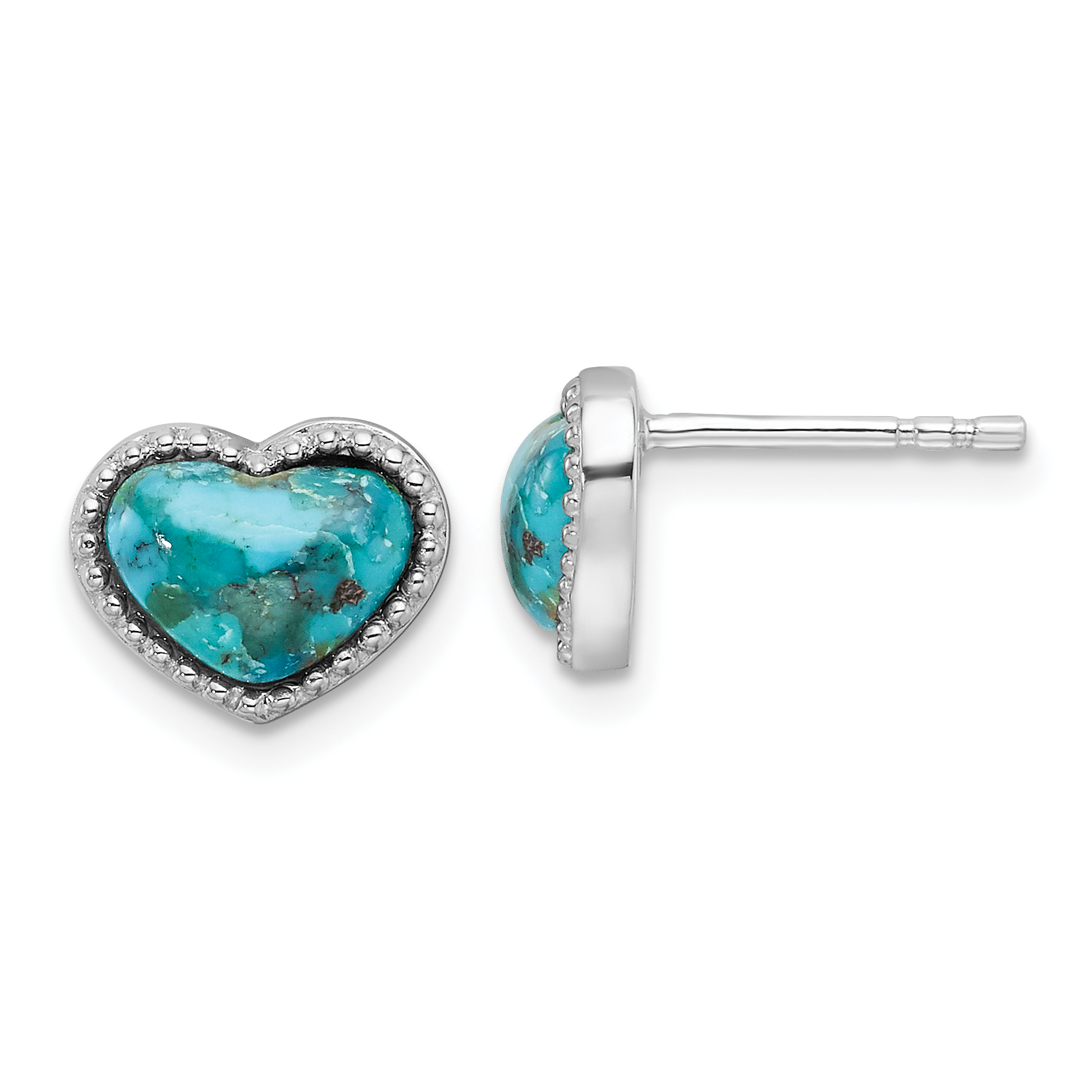 Sterling Silver RH-pltd Beaded Edge Recon. Turquoise Heart Post Earrings (QE17417)