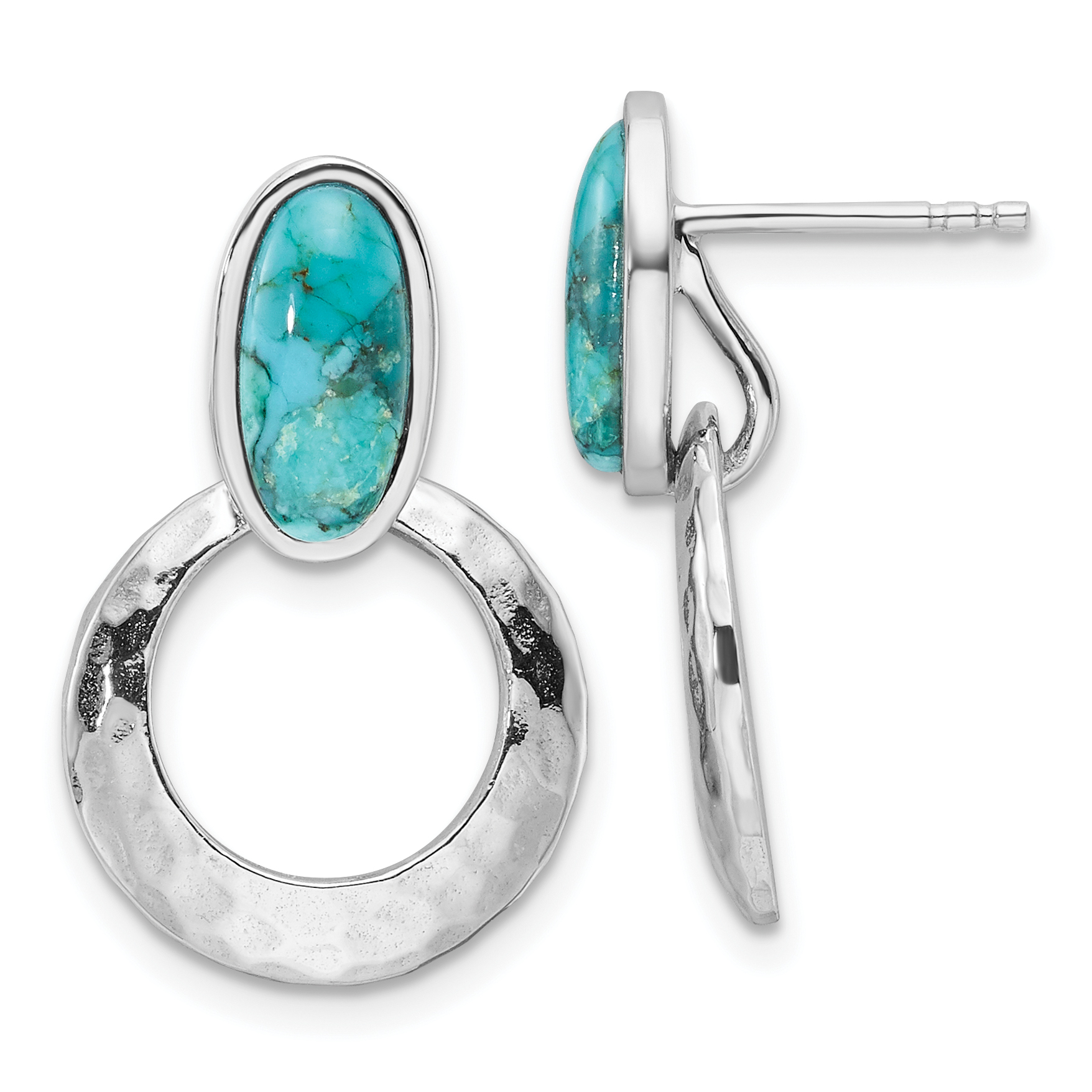 Sterling Silver Rhodium-plated Polished & Hammered Reconstituted Turquoise Post Dangle Earrings (QE17418)