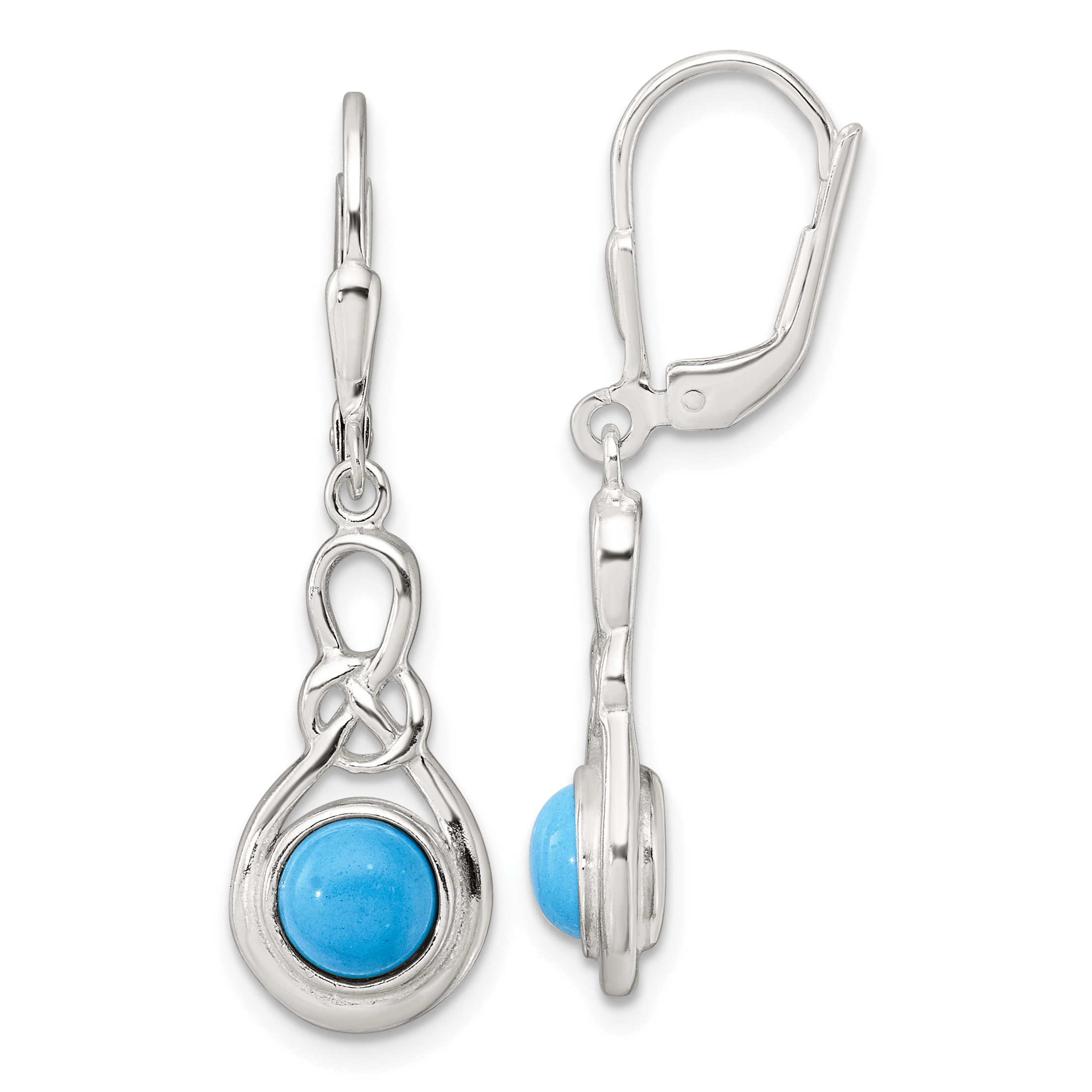 Sterling Silver Polished Turquoise Knot Leverback Dangle Earrings (QE17420)
