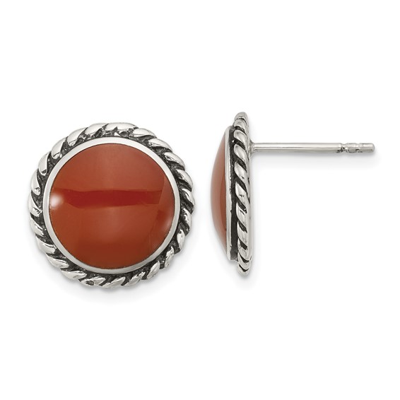 Sterling Silver Polished & Oxidized Twisted Edge Carnelian Post Earrings