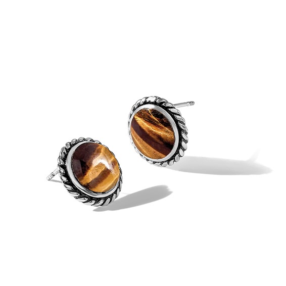 Sterling Silver Polished & Oxidized Twisted Edge Tiger's Eye Post Earrings