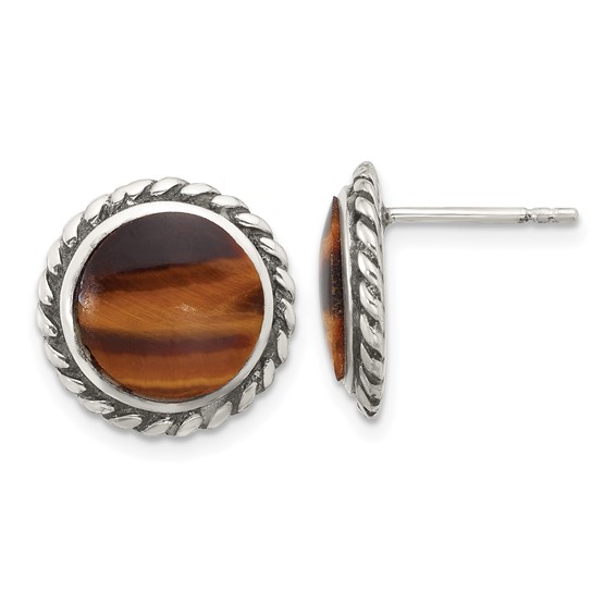 Sterling Silver Polished & Oxidized Twisted Edge Tiger's Eye Post Earrings