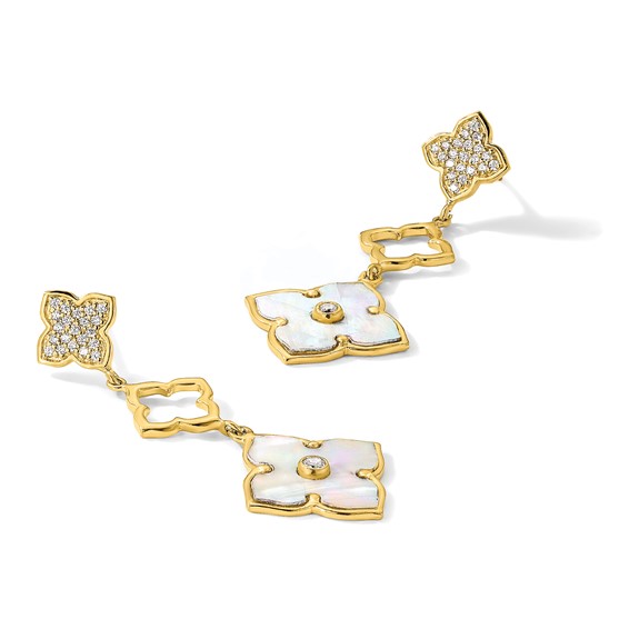 Sterling Silver Gold-tone Polished MOP & CZ Floral Post Dangle Earrings