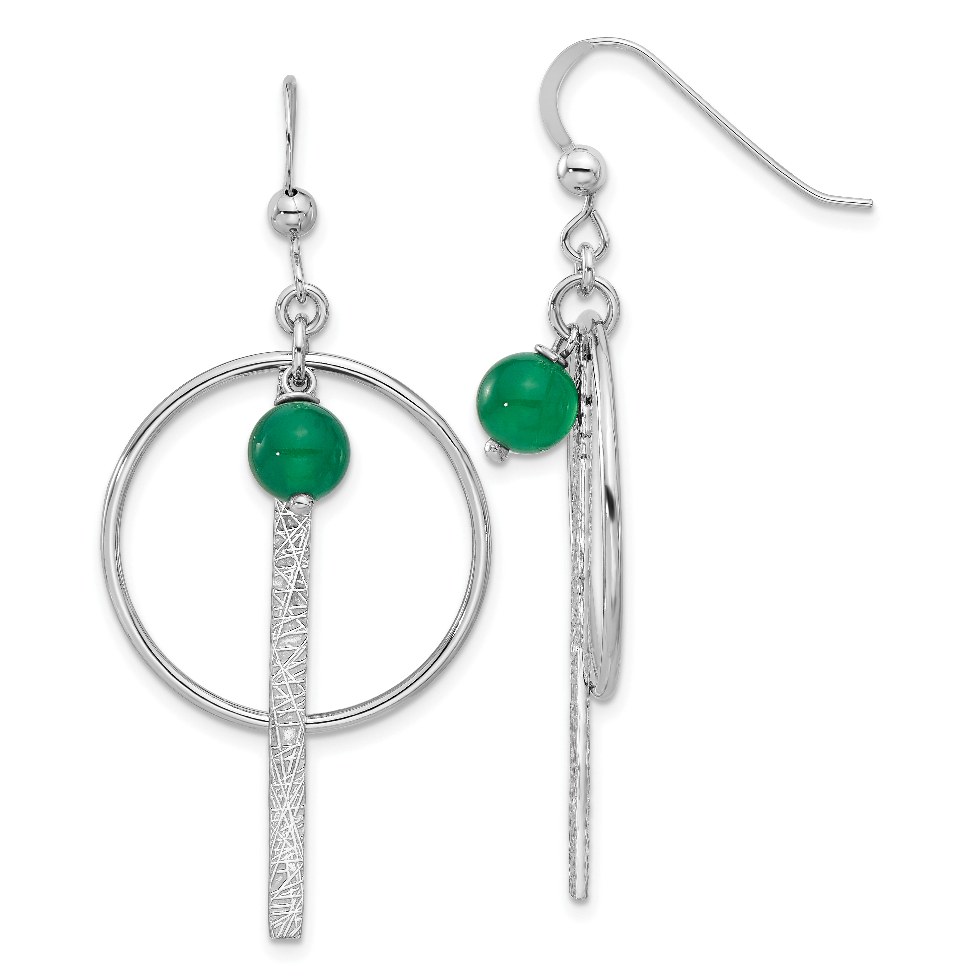 Sterling Silver Rhodium-plated Circle/Bar Green Onyx Dangle Earrings (QE17430)