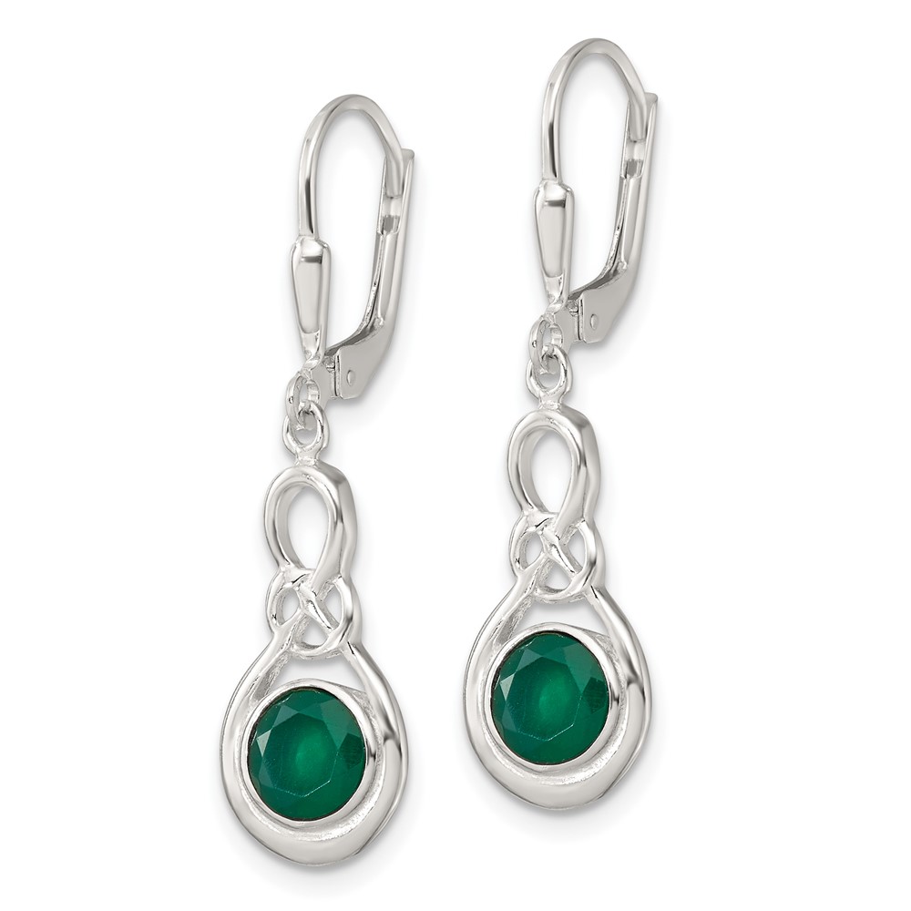 Sterling Silver Polished Green Onyx Knot Leverback Dangle Earrings (QE17431)