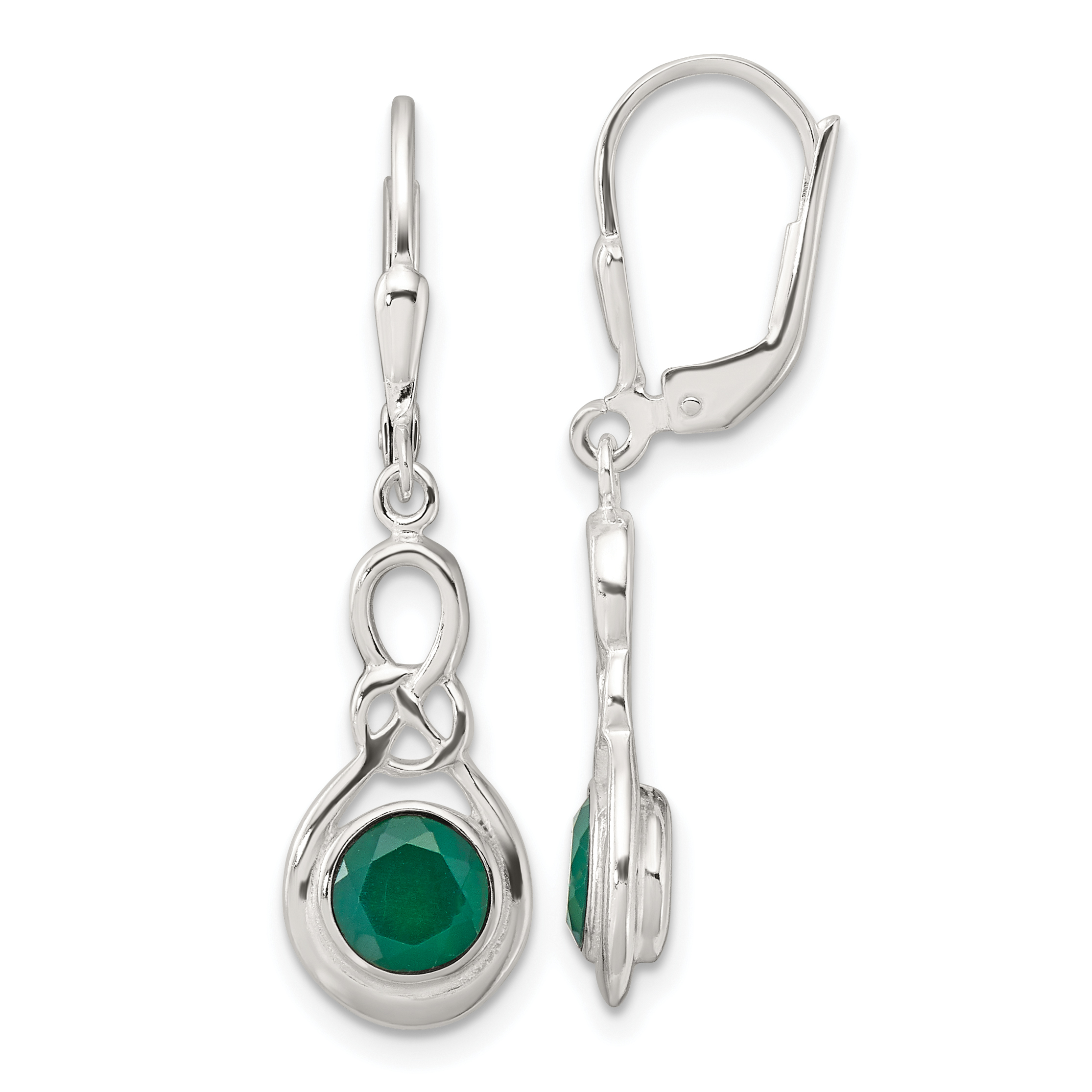 Sterling Silver Polished Green Onyx Knot Leverback Dangle Earrings (QE17431)
