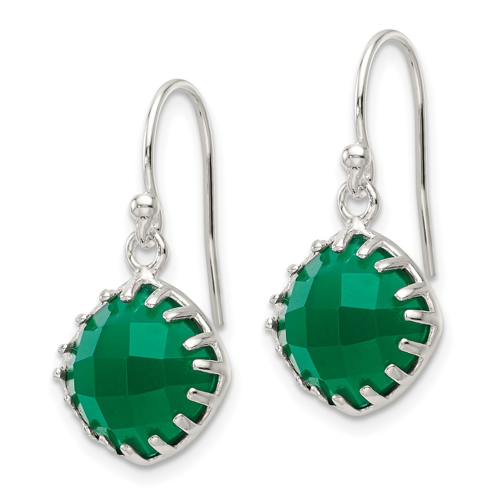 Sterling Silver Polished Checkerboard Green Onyx Cushion Dangle Earrings (QE17432)