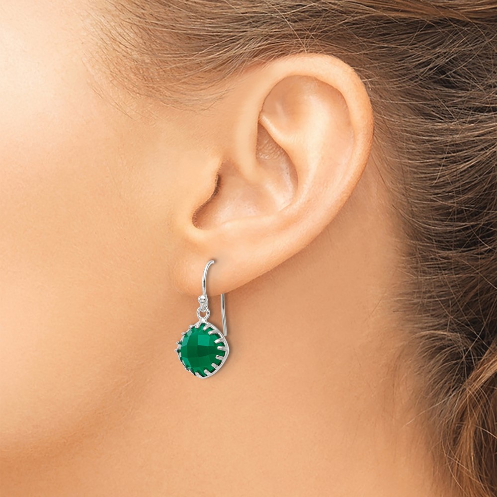 Sterling Silver Polished Checkerboard Green Onyx Cushion Dangle Earrings (QE17432)