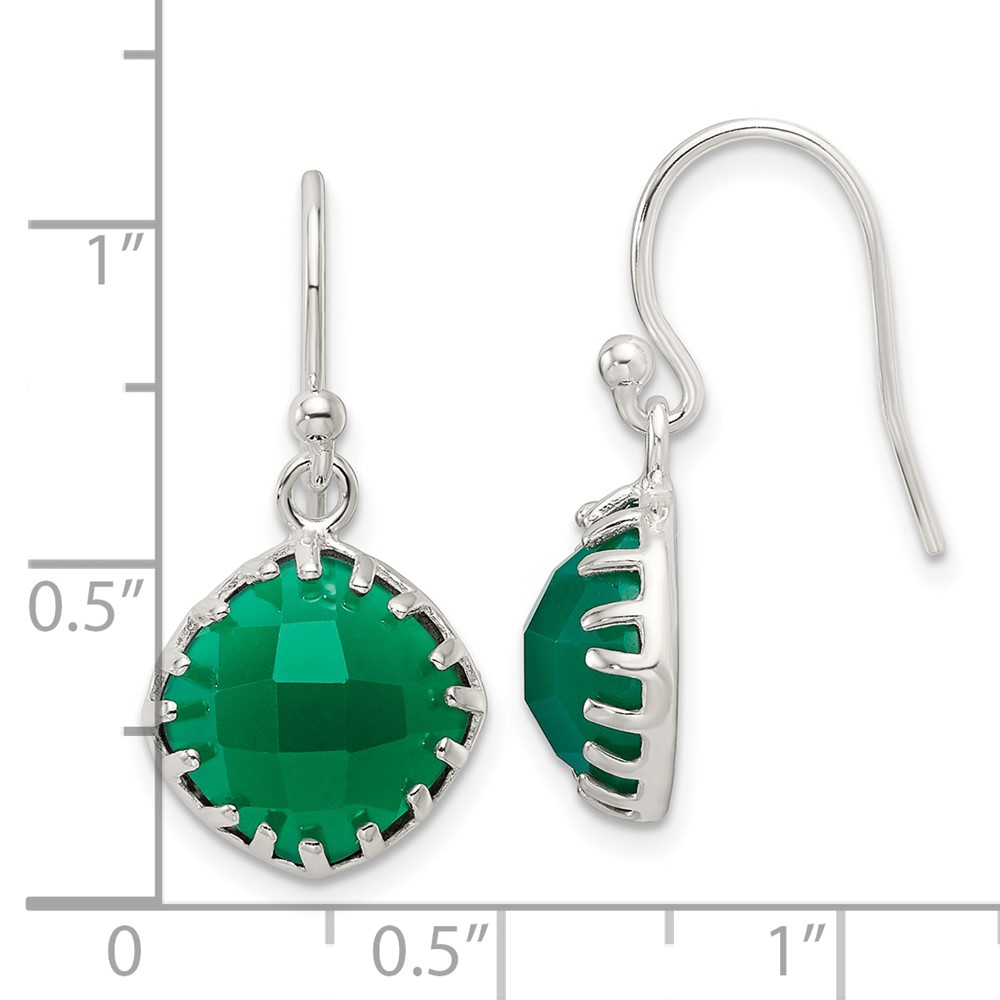 Sterling Silver Polished Checkerboard Green Onyx Cushion Dangle Earrings (QE17432)