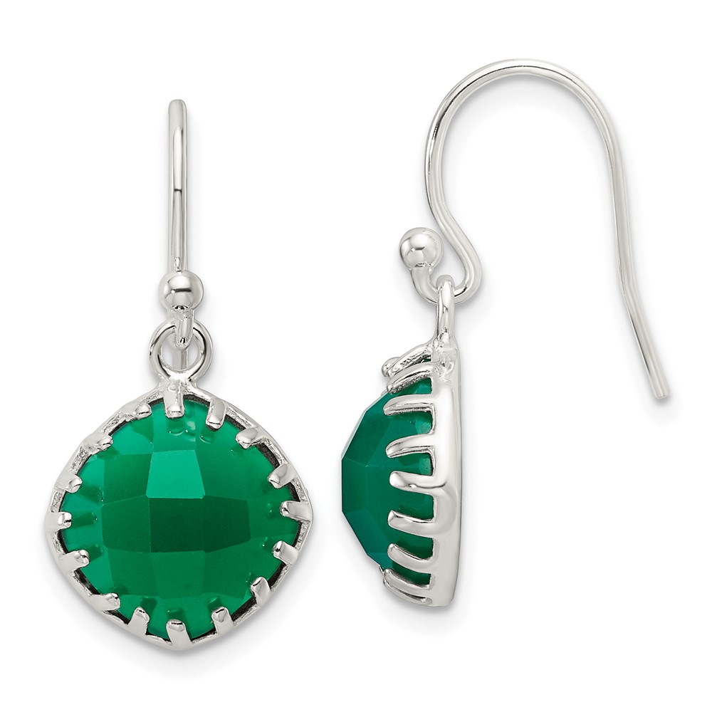 Sterling Silver Polished Checkerboard Green Onyx Cushion Dangle Earrings (QE17432)