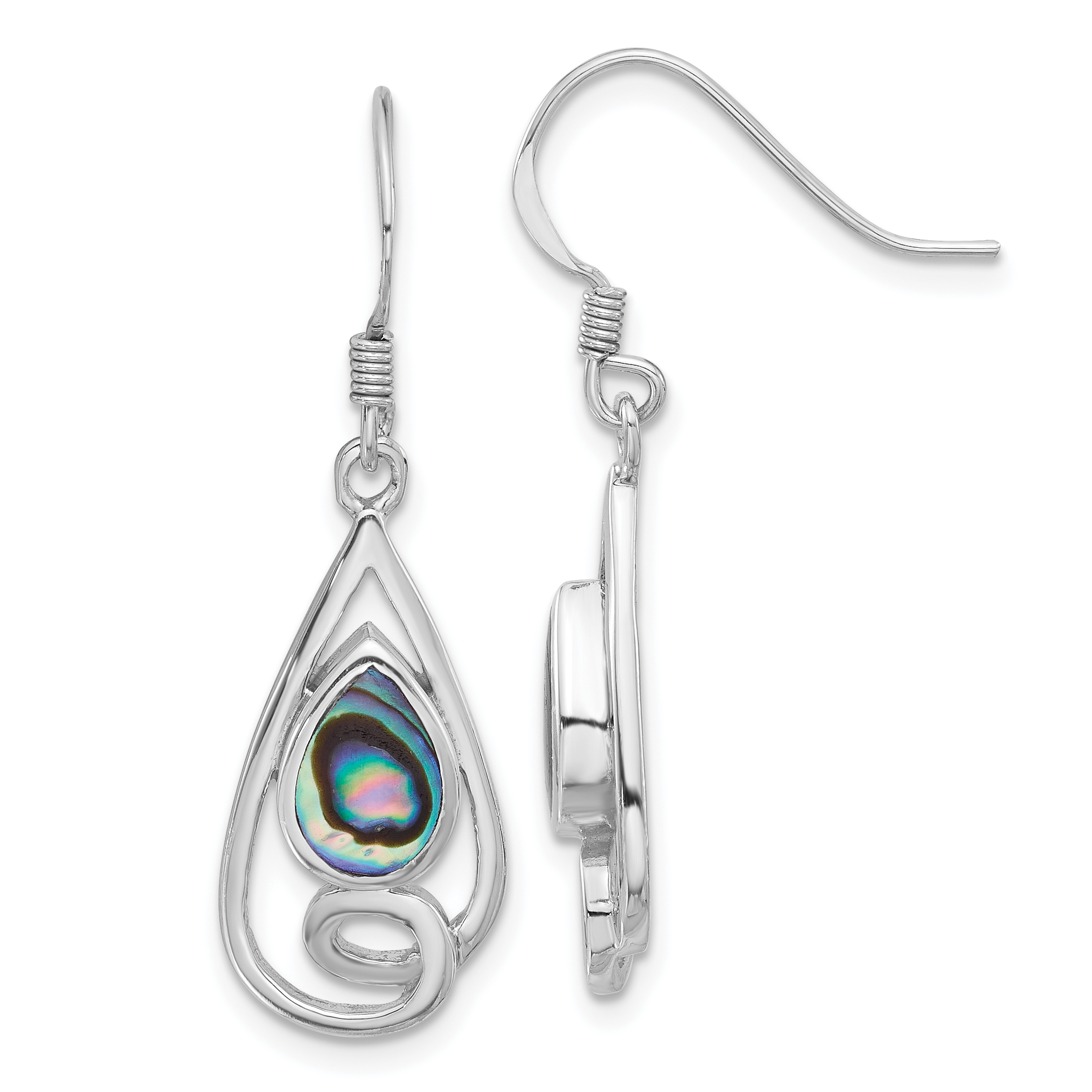 Sterling Silver RH-plated Polished Abalone Swirl Teardrop Dangle Earrings (QE17433)