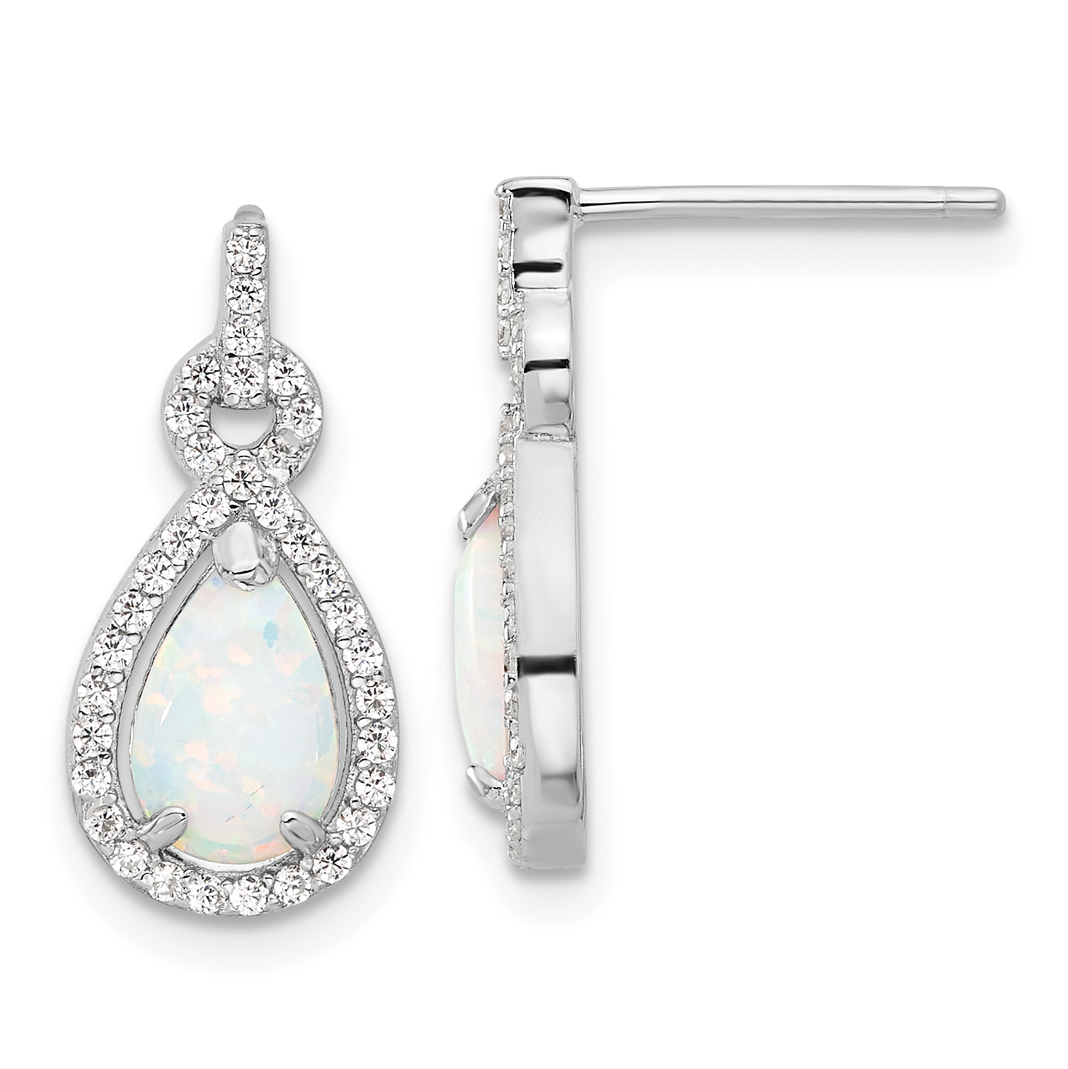 Sterling Silver RH-plated Cr. Opal & CZ Teardrop Post Dangle Earrings (QE17436)